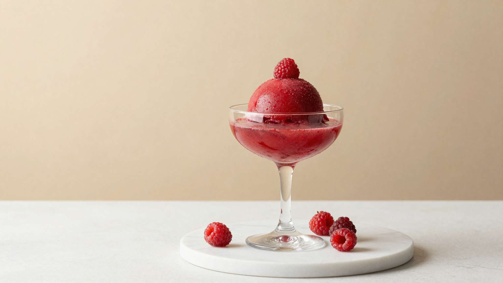Bright raspberry sorbetto being scooped into a glass coupe on marble, smooth glossy crystal-free texture