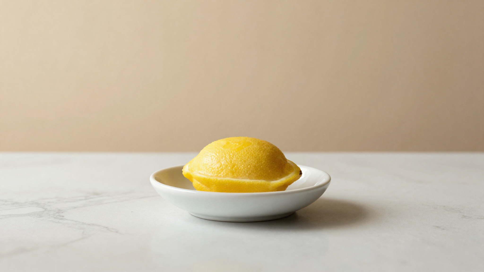 Closing still life of a clean smooth lemon sorbetto quenelle in a white ceramic dish, glossy crystal-free surface