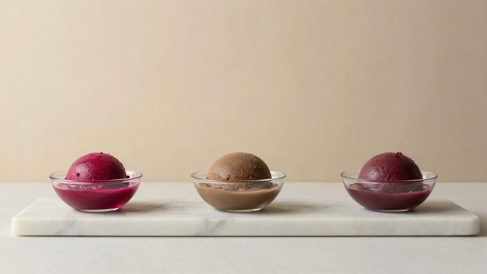Three small glass dishes in a row on marble holding beetroot sorbetto in shades running from vivid magenta to dull tan brown