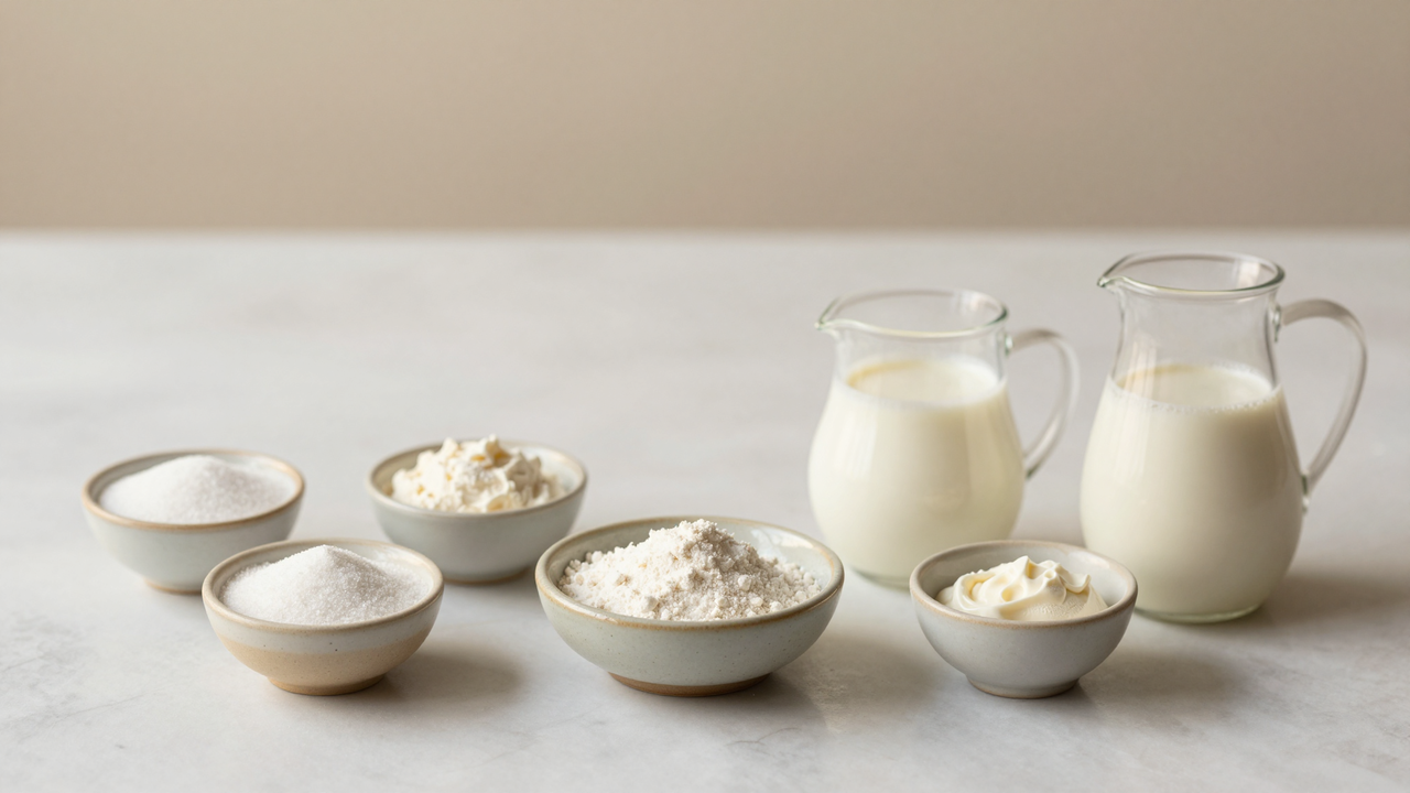Ciotoline di zucchero, destrosio, latte in polvere e panna su marmo