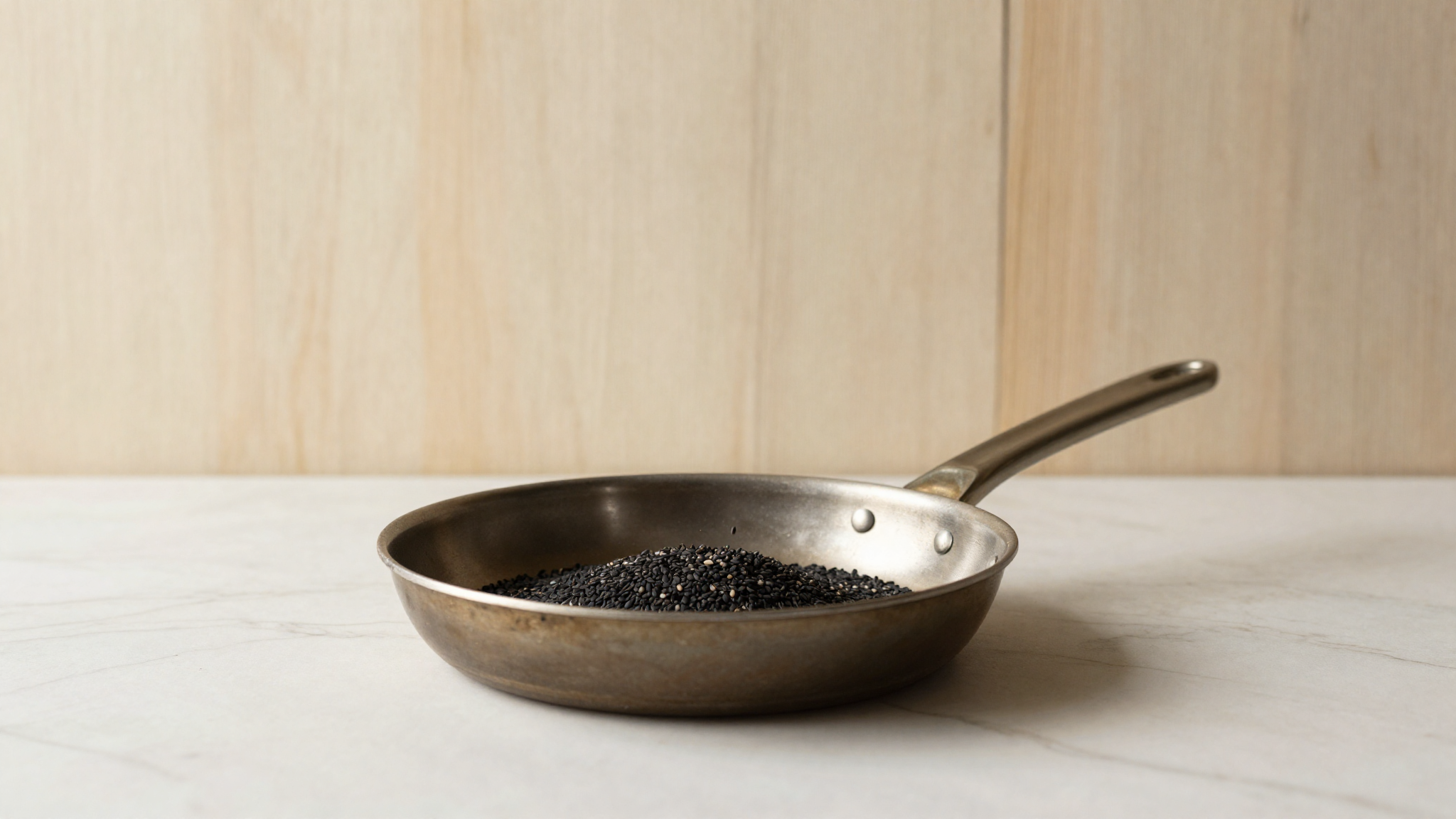 Black sesame seeds toasting in a pan releasing aroma on a warm marble kitchen surface