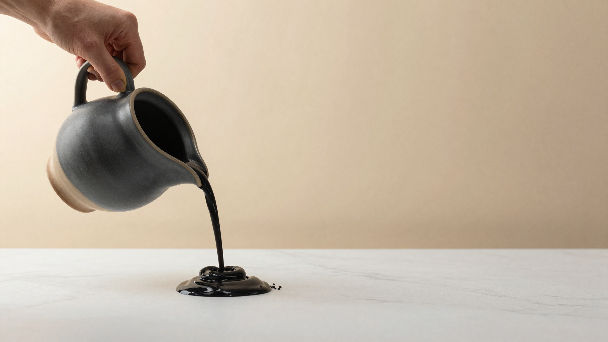 Slate-grey black sesame gelato mix being poured, showing its deep colour