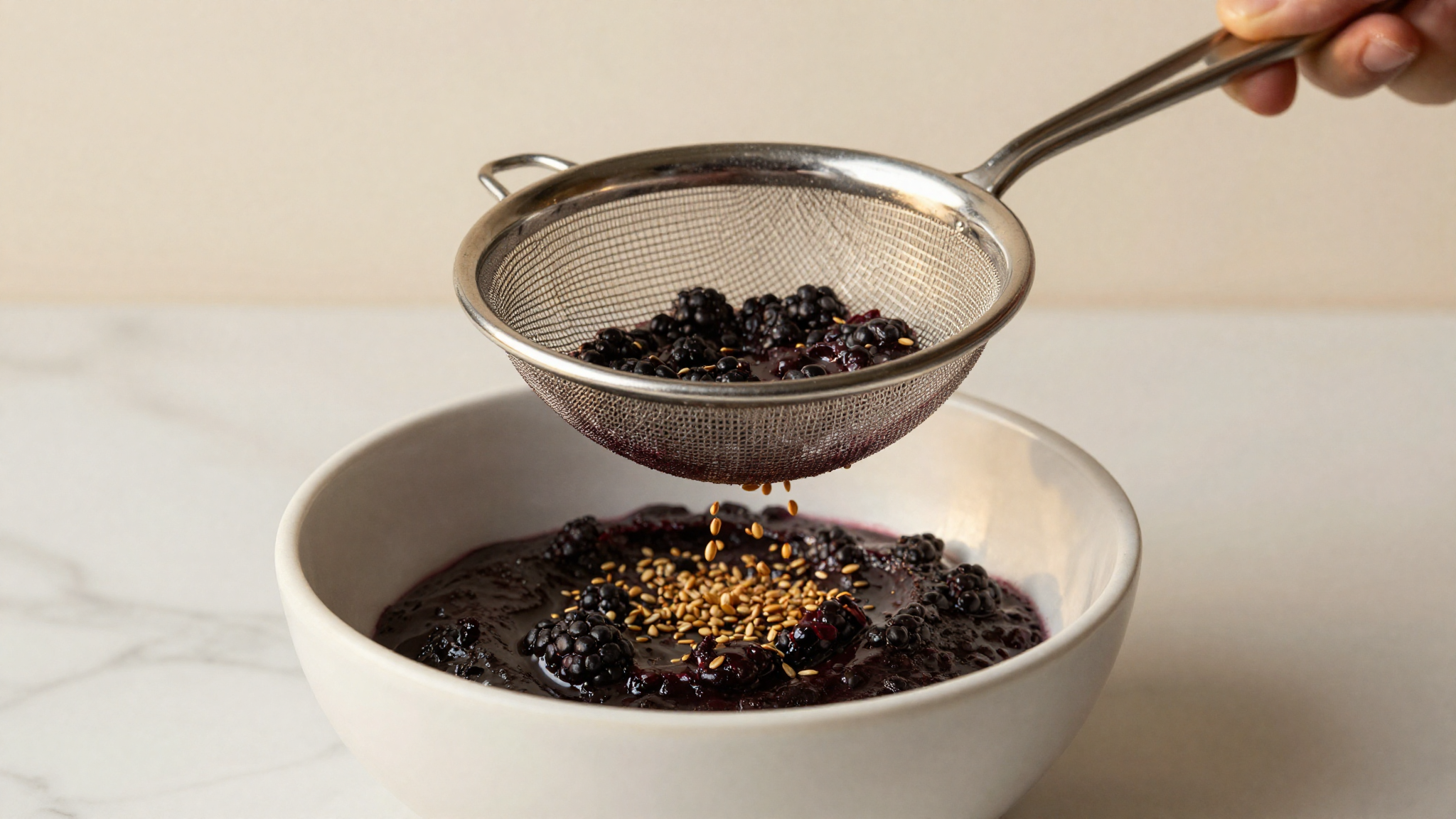Blackberry purée being strained through a fine sieve to remove seeds