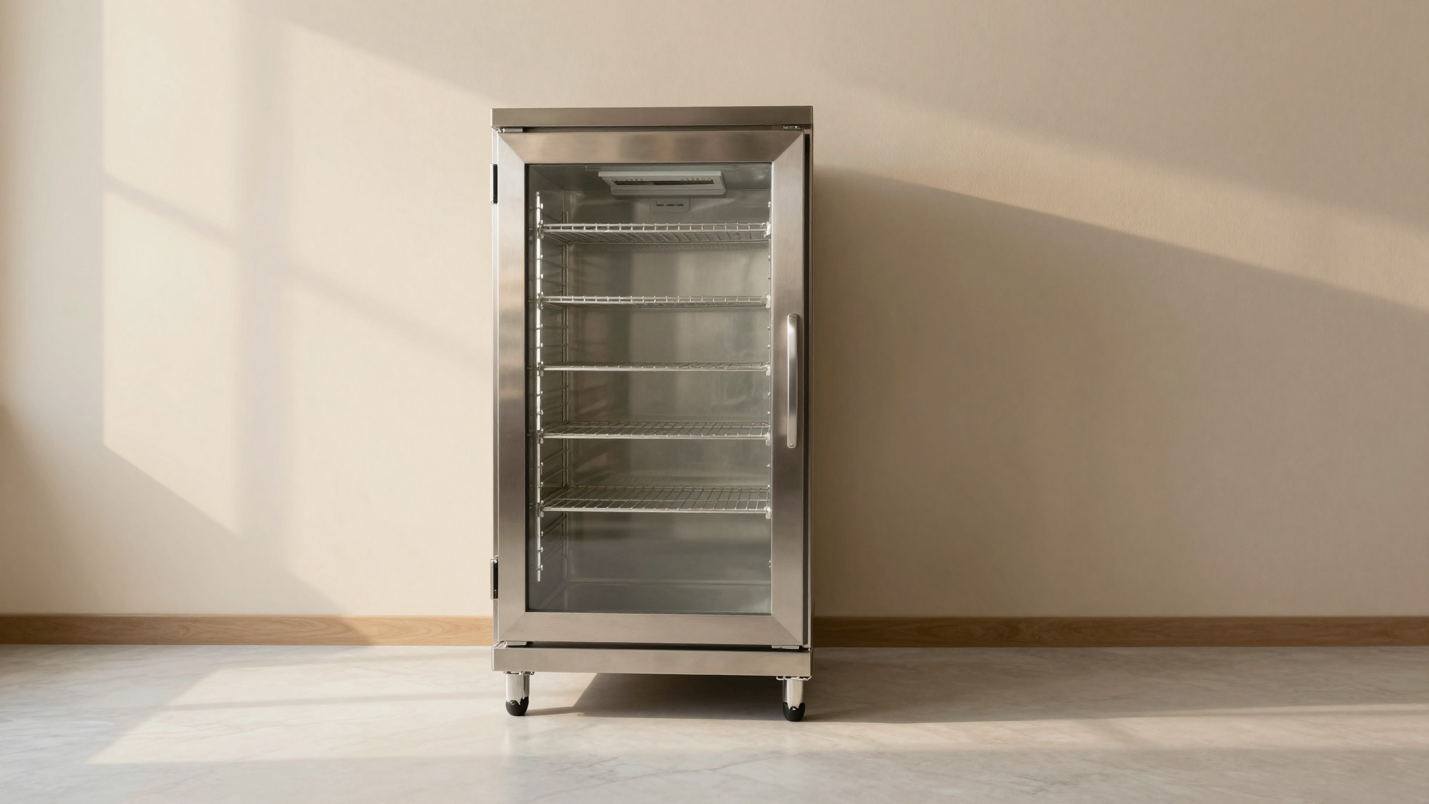 Polished stainless steel blast chiller cabinet in a clean italian gelato lab