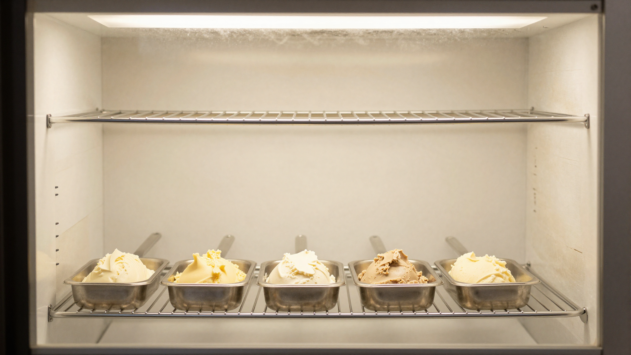 Stainless steel pans of freshly churned italian gelato resting on wire shelves inside an open blast chiller cabinet