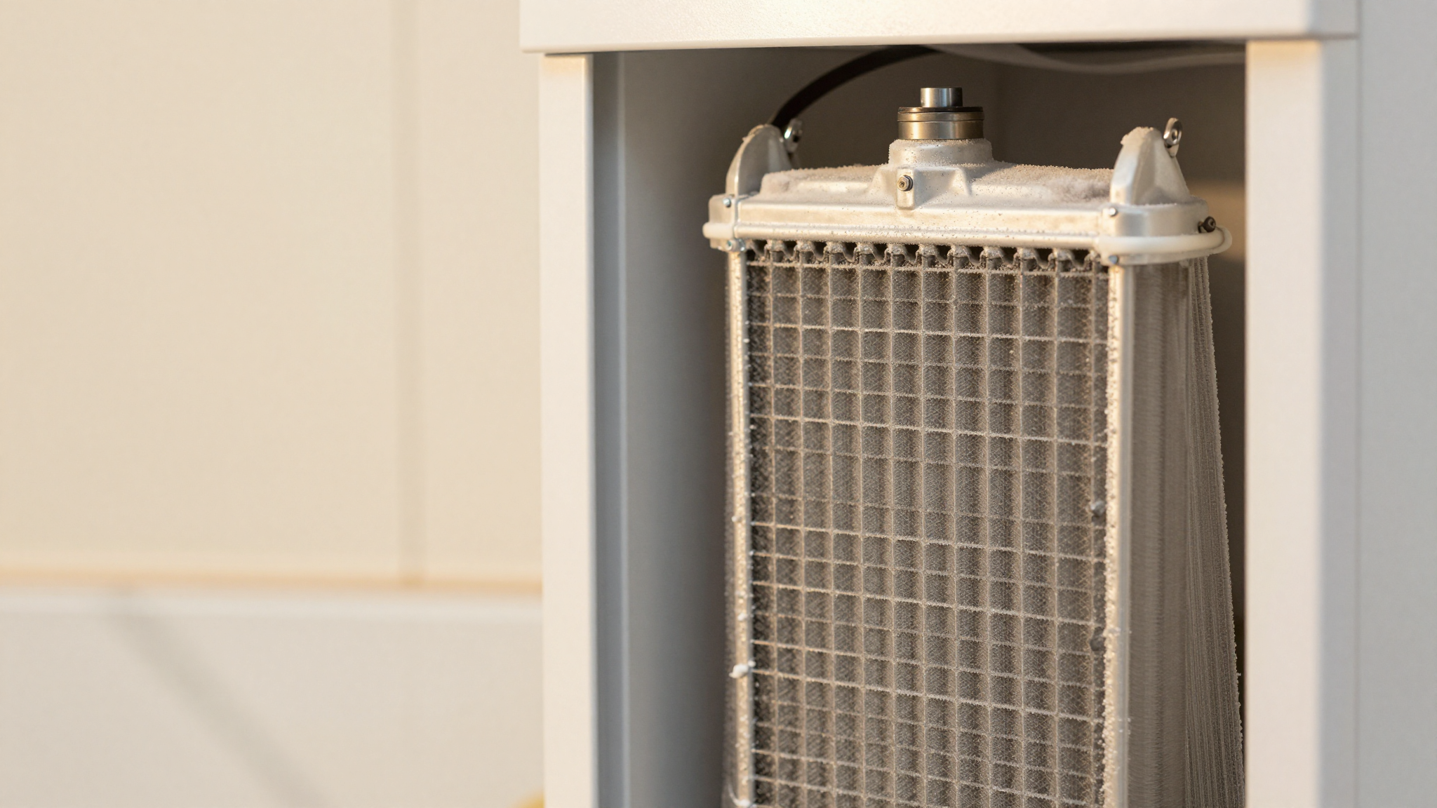 Close-up detail of a stainless steel evaporator coil and condenser fan inside a professional gelato lab freezer