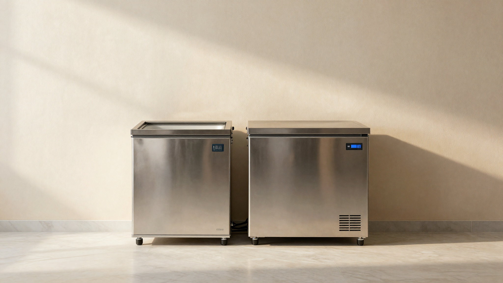 A commercial blast chiller beside a small home freezer in a clean gelato lab