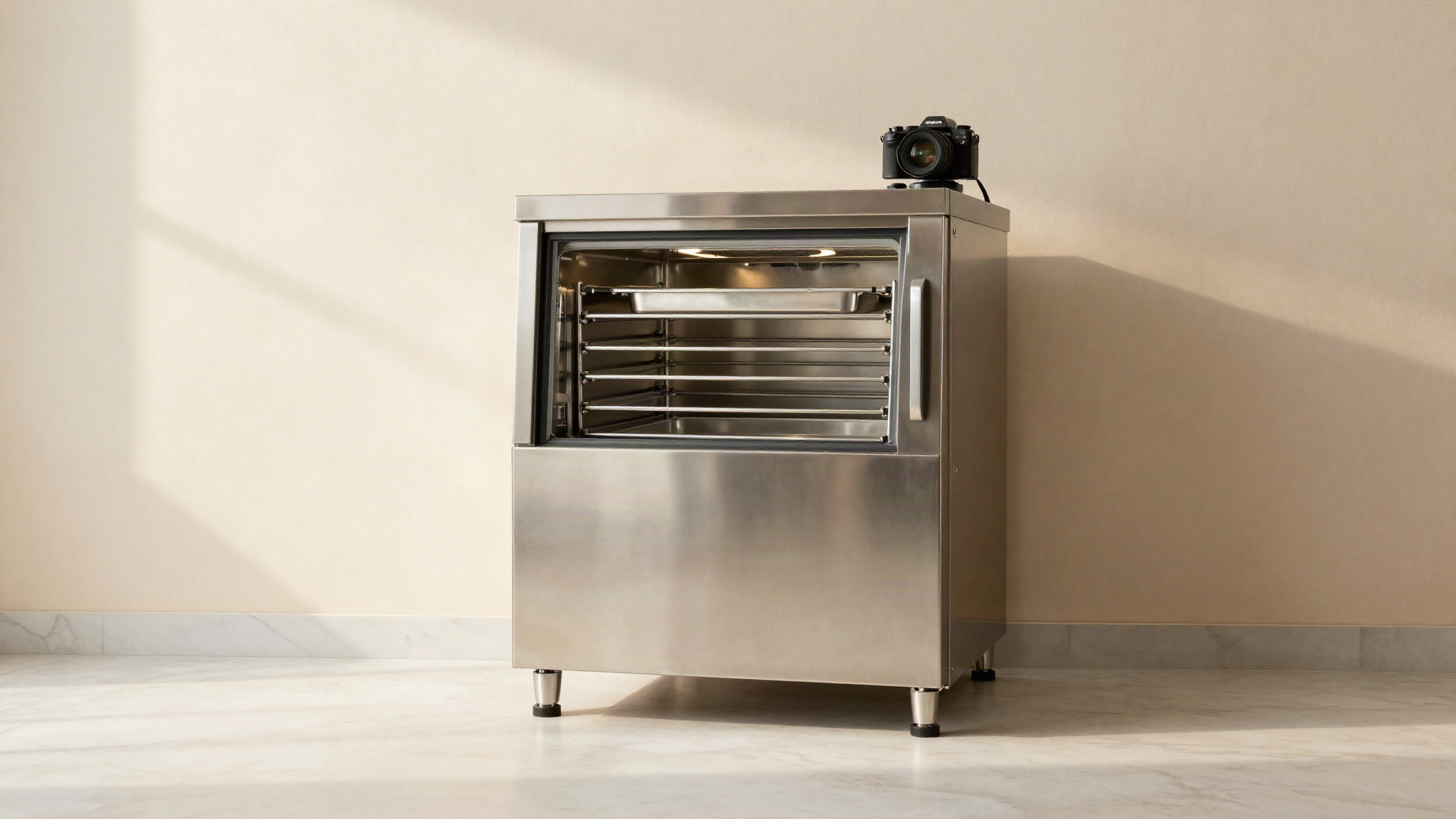 Professional blast freezer cabinet in an Italian gelato lab with the door open on shallow stainless trays