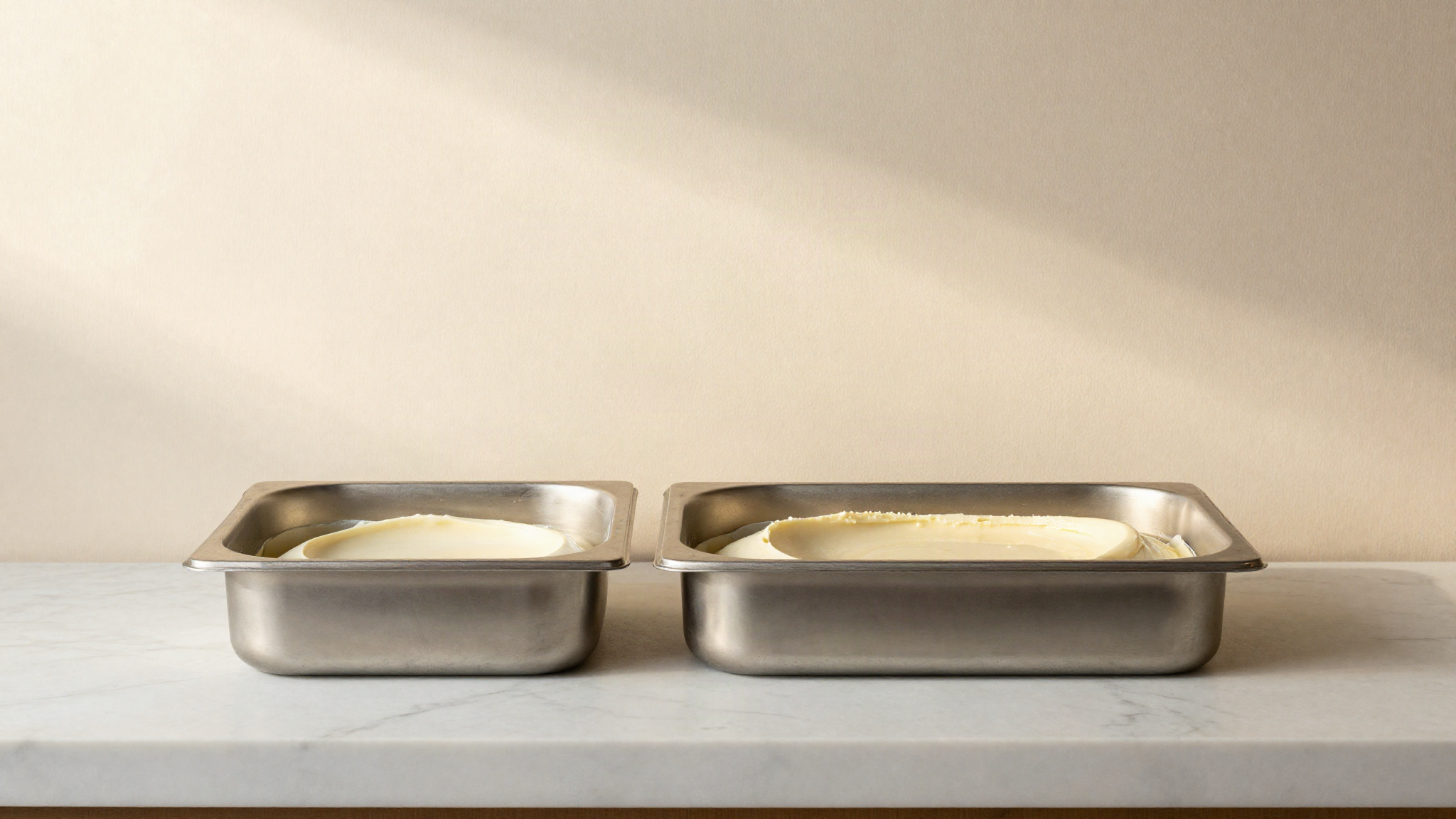 Two stainless gelato pans side by side on marble, one filled shallow and one filled deep to the rim
