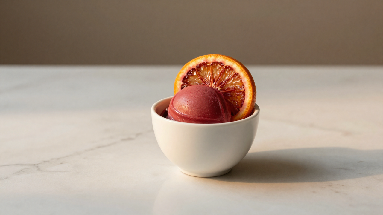 Blood orange sorbet in a white ceramic cup with a citrus slice on marble