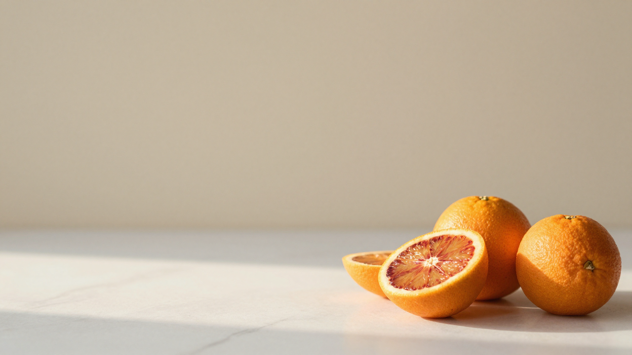 Fresh blood oranges halved on white marble showing deep crimson flesh