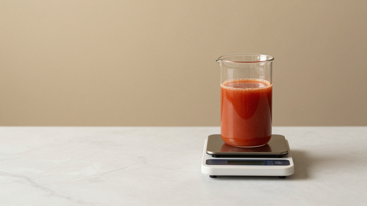Beaker of deep red blood orange juice on a digital scale
