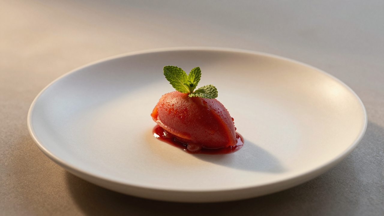 Quenelle of blood orange sorbet on a ceramic plate with mint