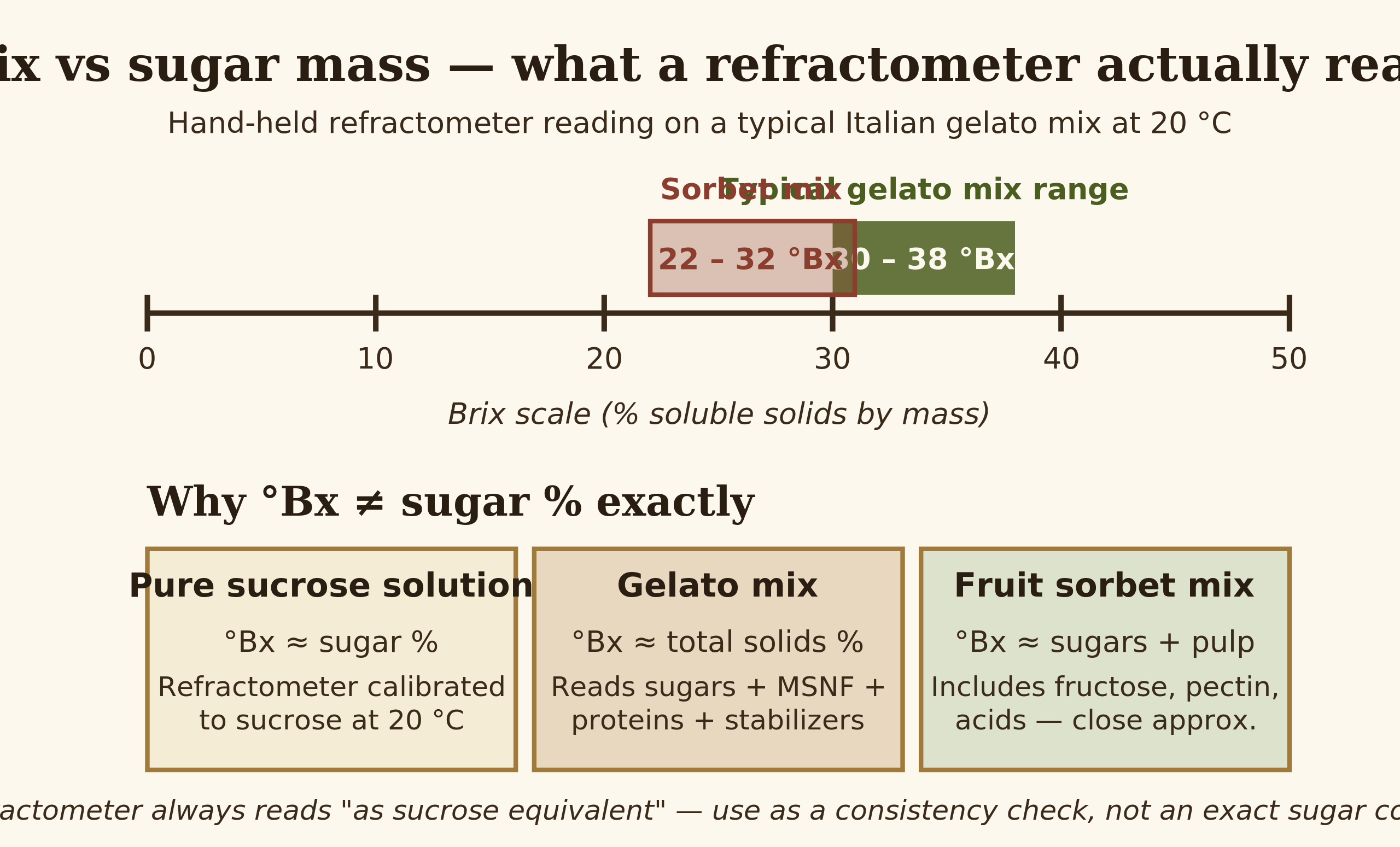 Diagram — Brix readings across pure sucrose, gelato mix, and sorbet mix