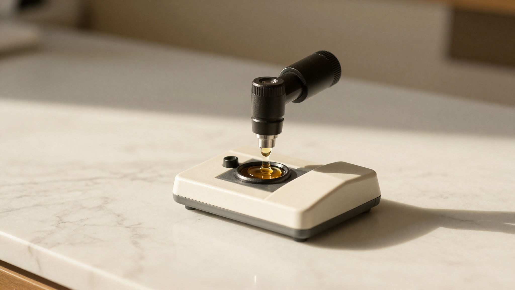 Lead photo — handheld refractometer with droplet of mix on the prism