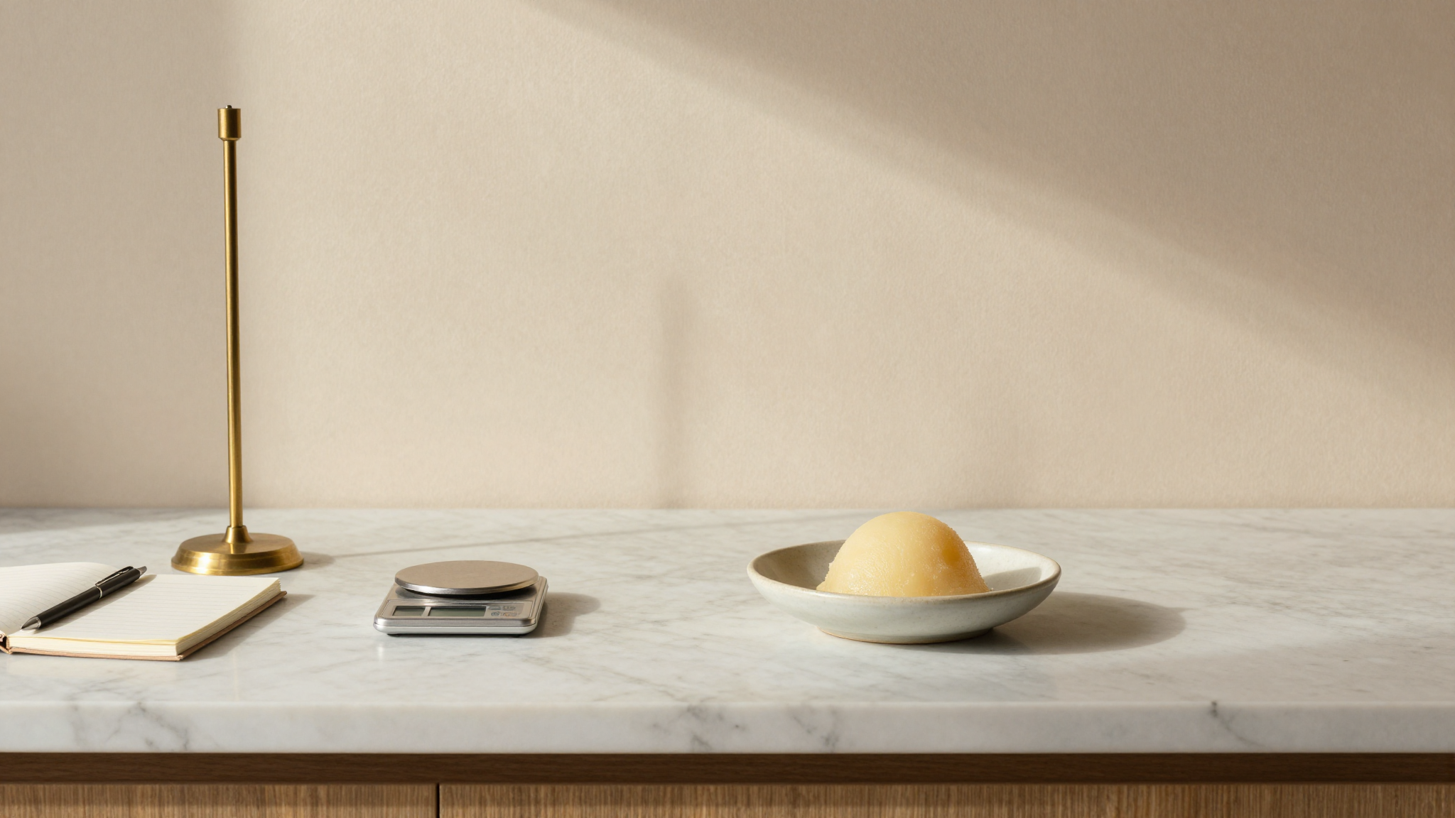 A brass refractometer, a notebook and a small scale beside a dish of pale sorbet on marble