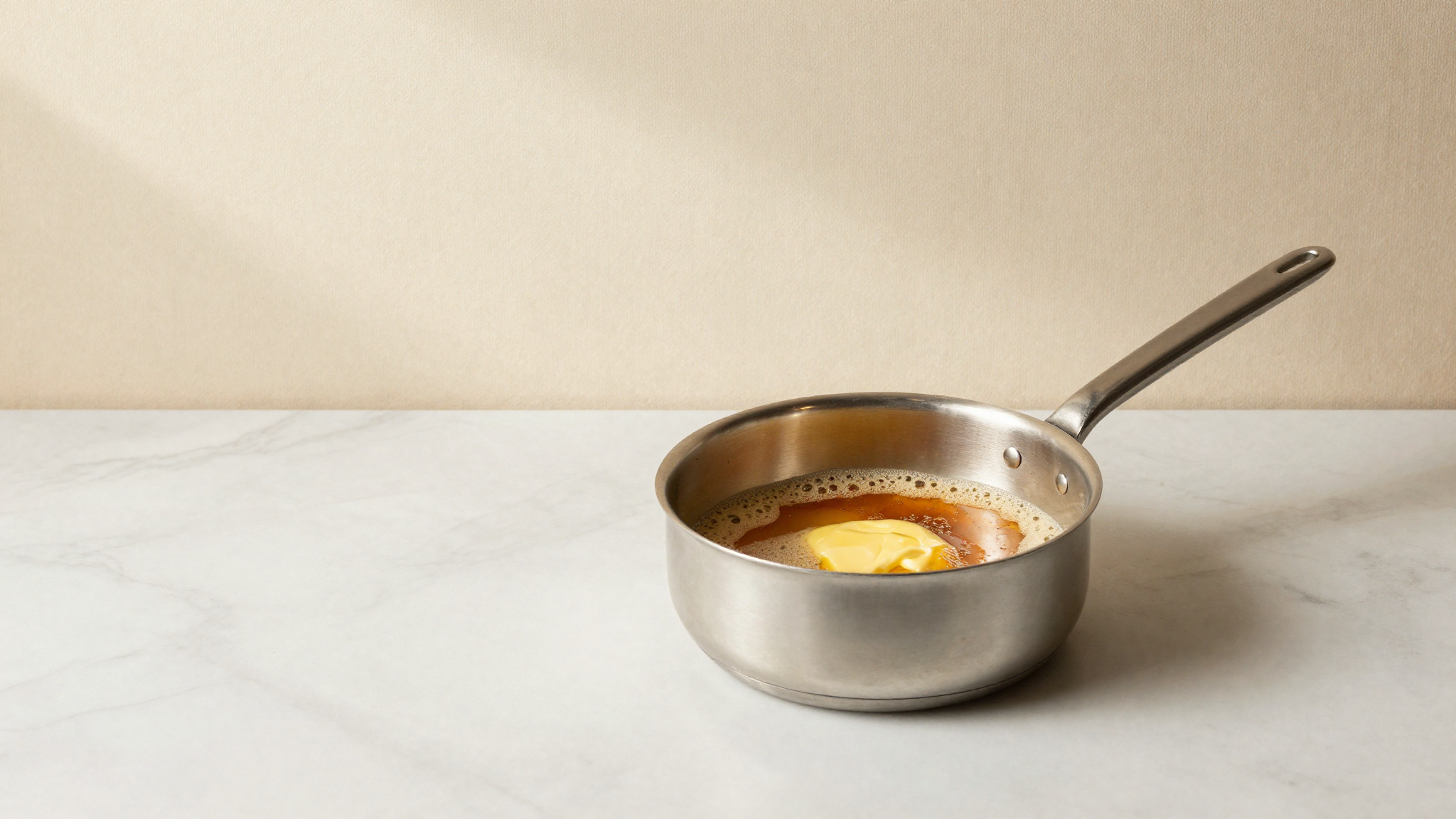 Butter browning in a stainless saucepan with toasted milk solids settling at the bottom