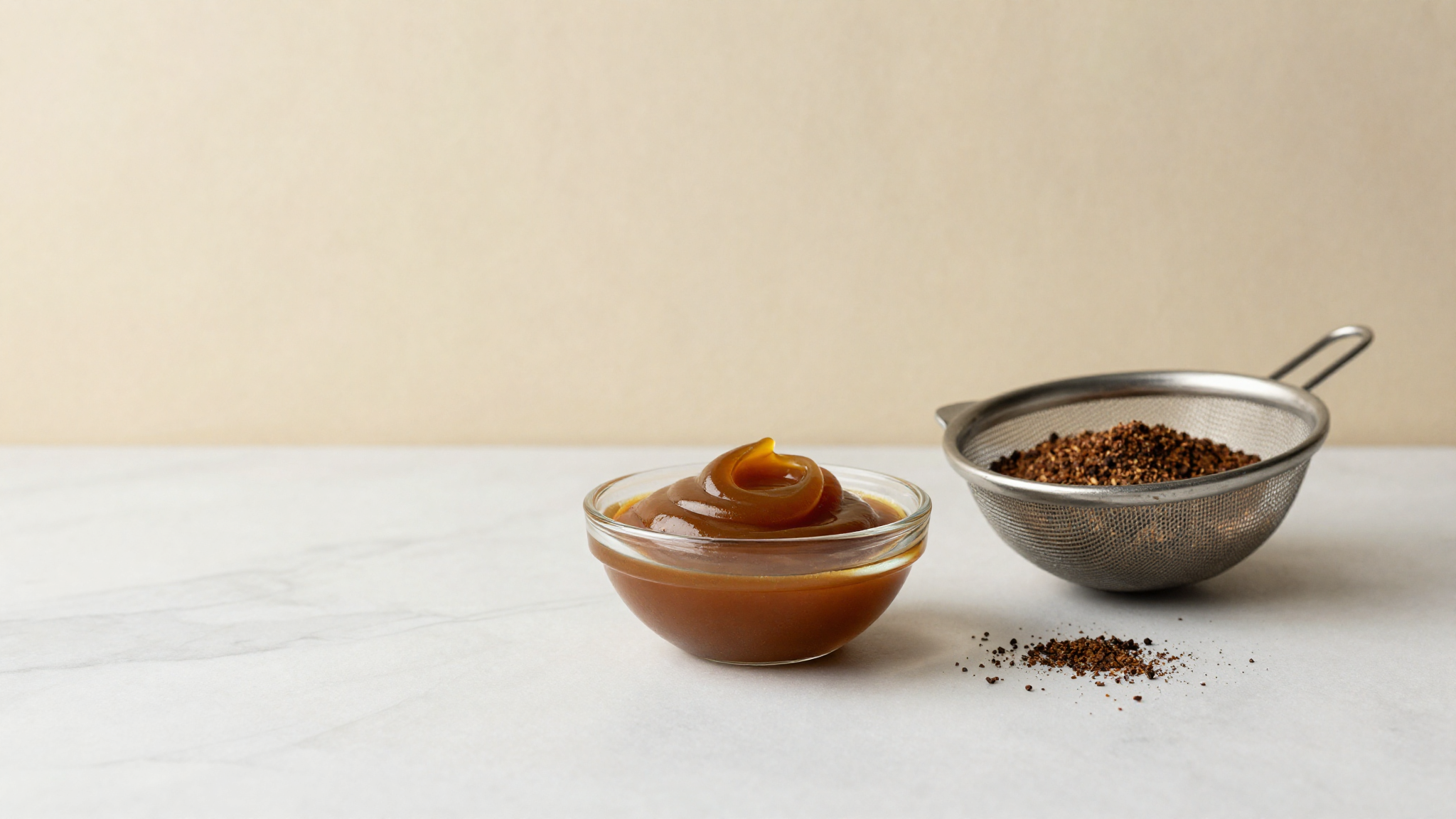 Strained amber brown butter in a glass bowl beside a sieve holding toasted milk solids