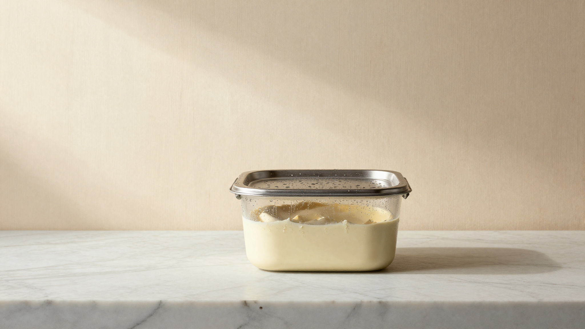 A covered stainless container of pale gelato base maturing in a cold room