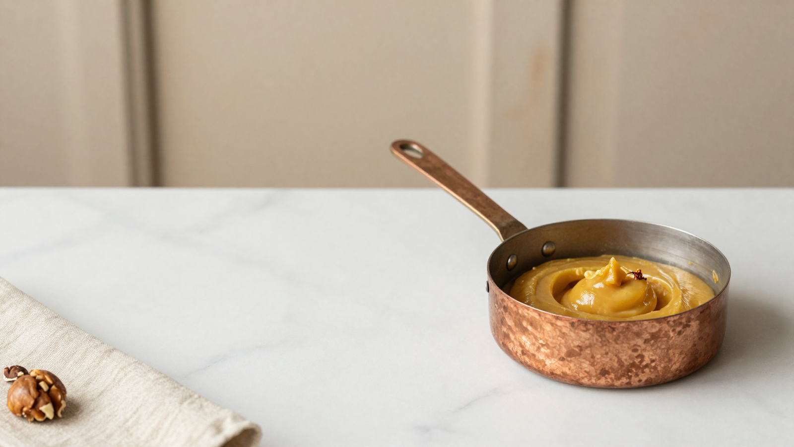 A small copper saucepan of glossy golden-brown browned butter with toasted milk solids on white marble