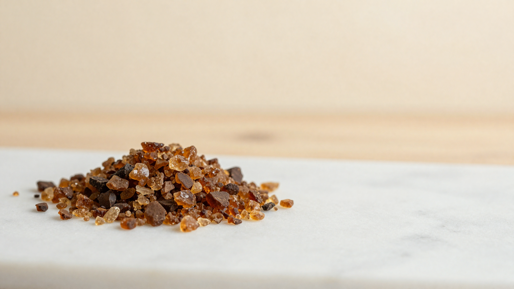 Macro close-up of dark muscovado brown sugar crystals glistening with molasses on marble