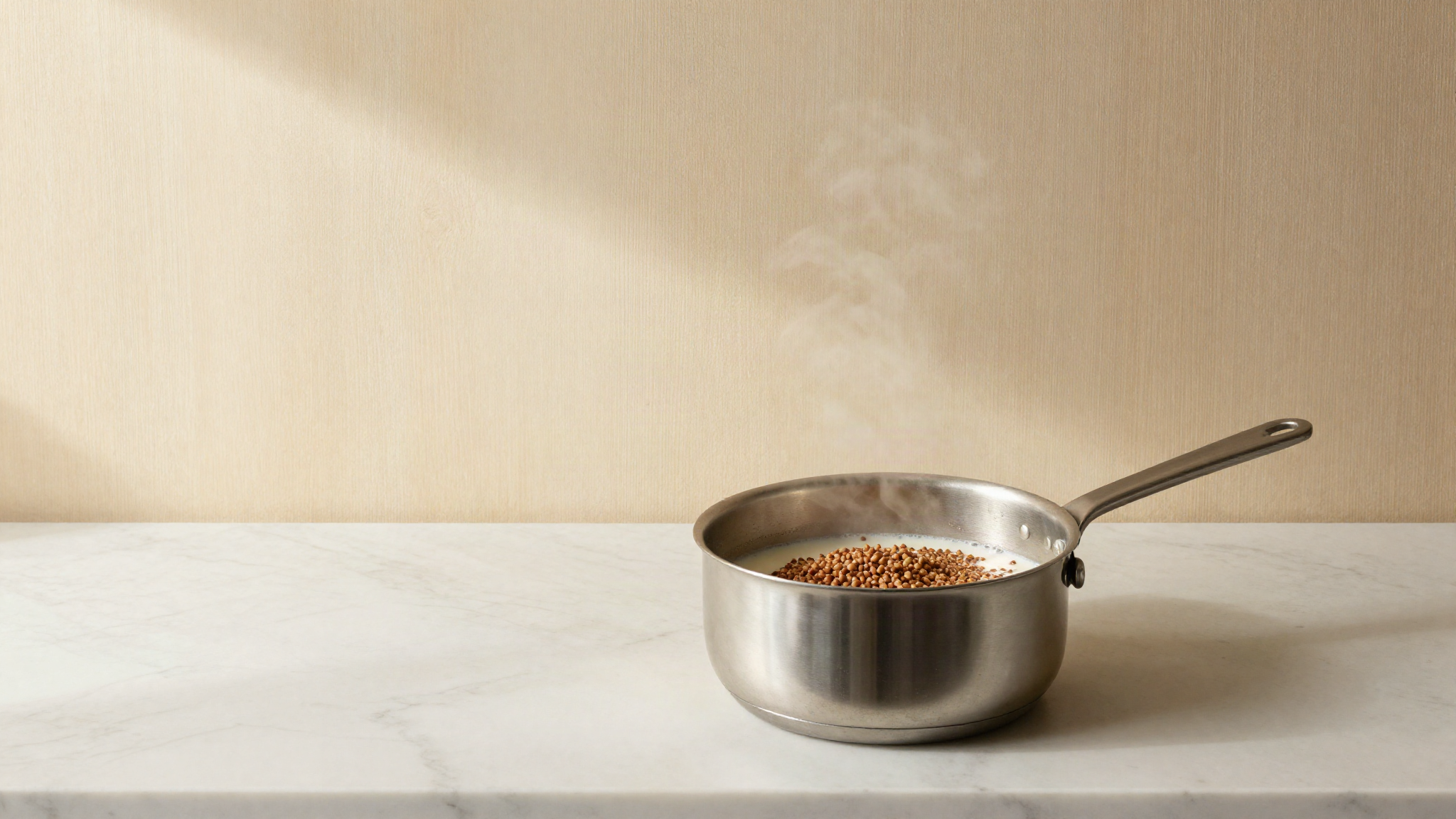 Toasted buckwheat groats steeping in warm milk in a small stainless saucepan