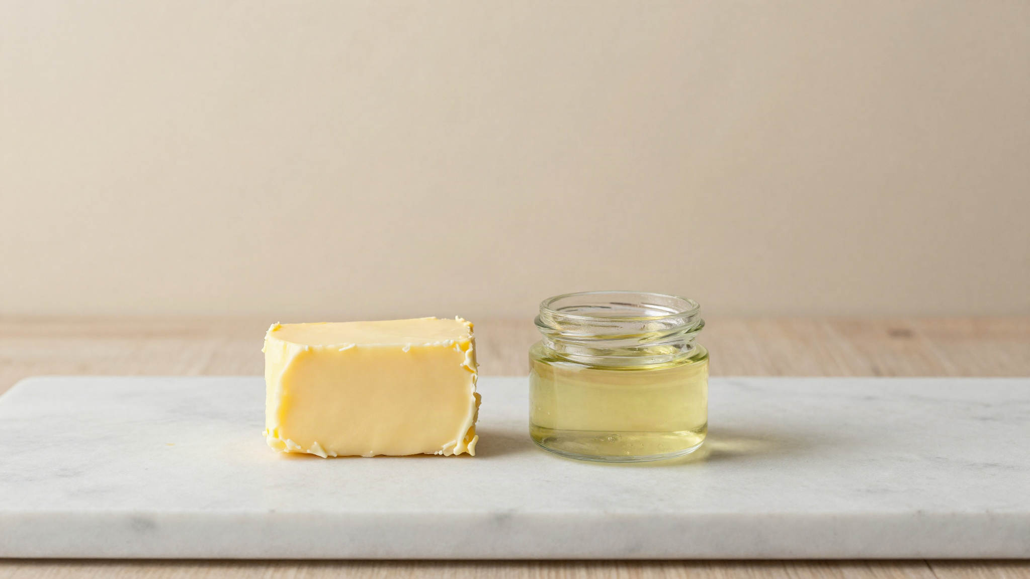 A block of golden cultured butter beside a small glass jar of clear plant oil on a white marble board
