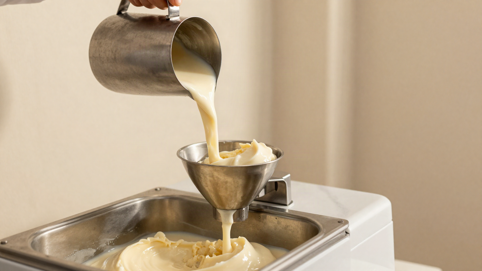 Pale gelato mix pouring from a stainless steel jug into the hopper of a batch freezer in an Italian gelato lab
