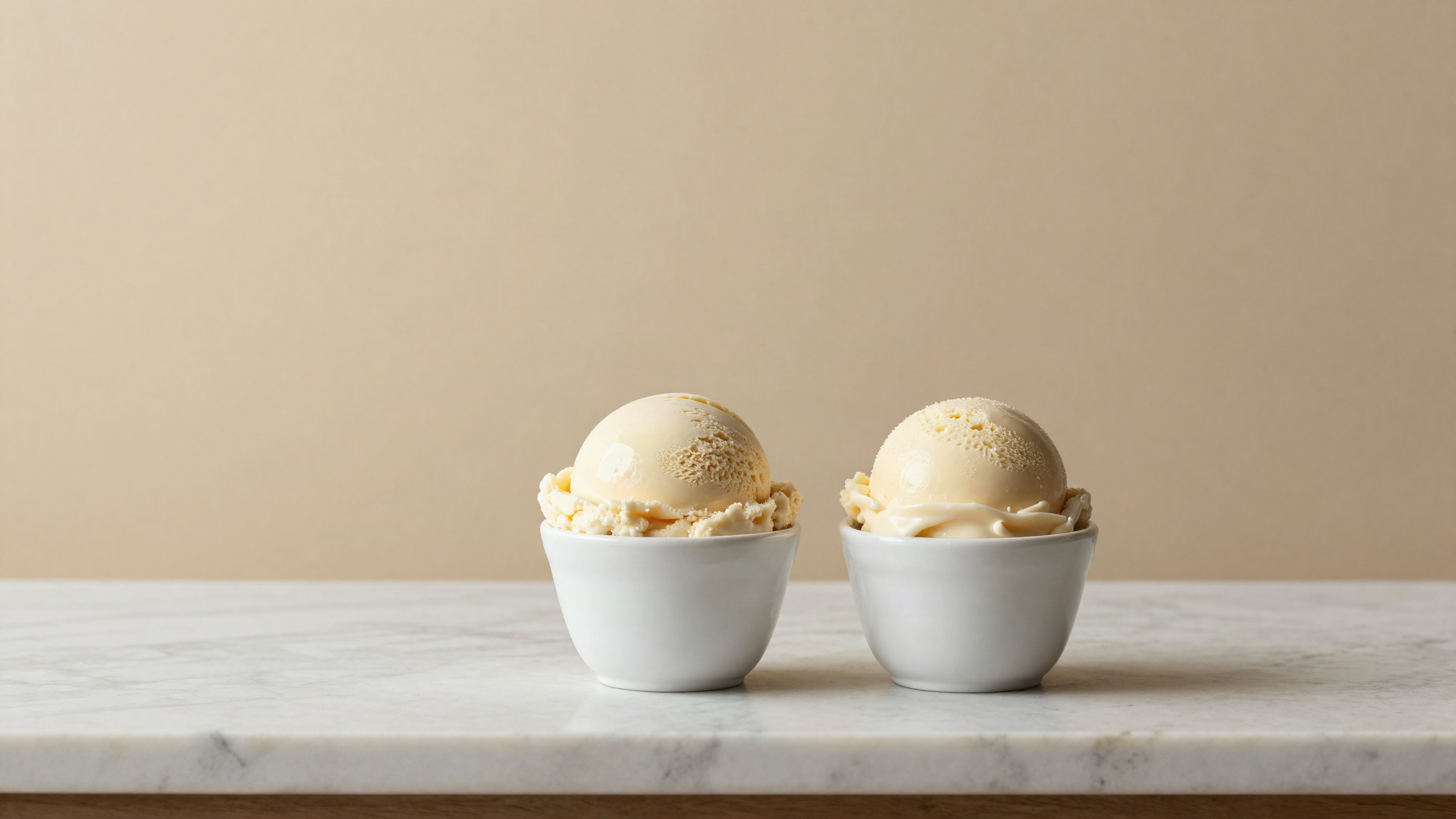 Two scoops of pale cream coloured gelato side by side in white ceramic cups, one glossy and one matte
