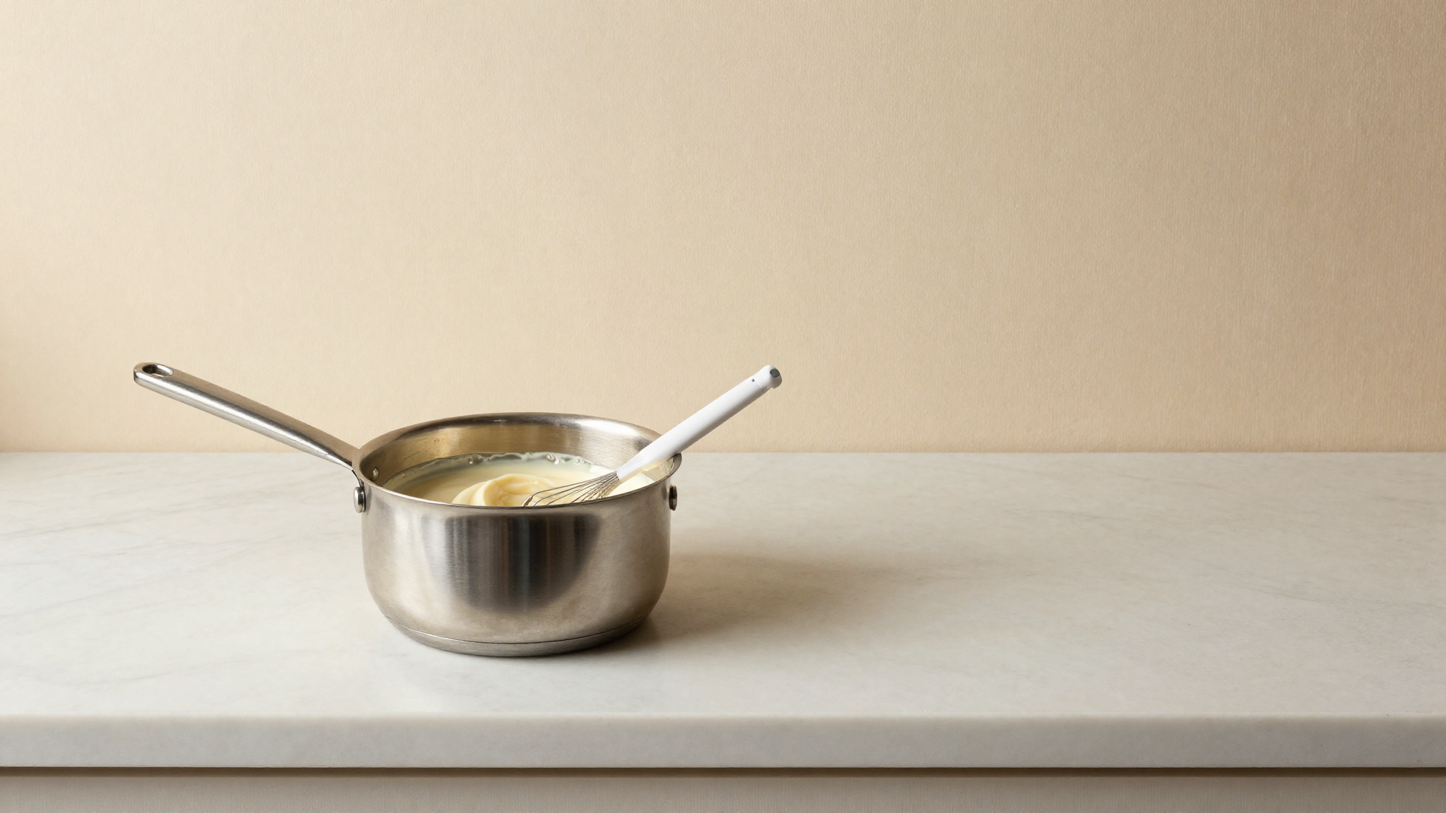 A stainless saucepan of pale ivory gelato base with a whisk and a thermometer probe