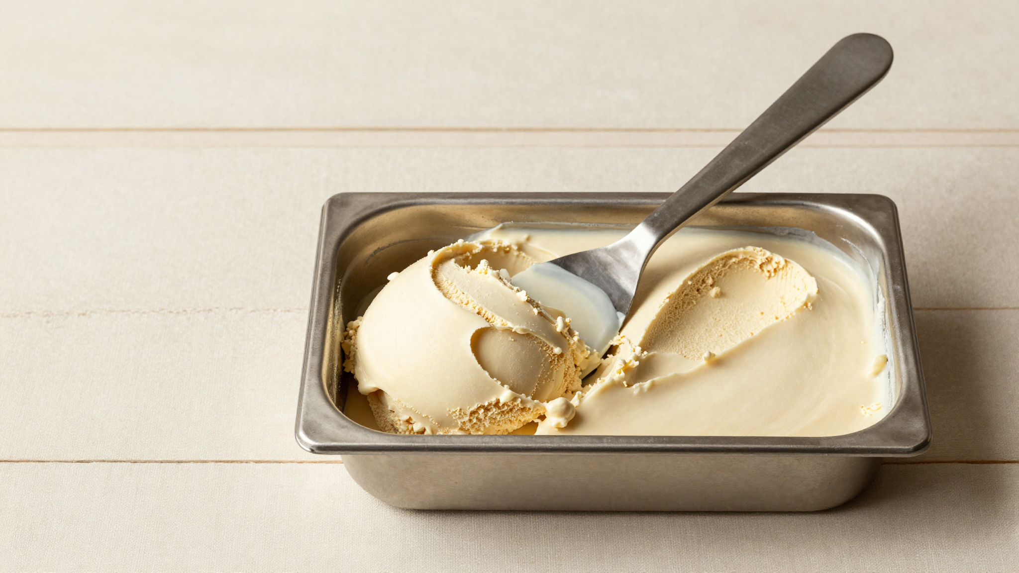 A stainless pan of pale ivory buttermilk gelato with a clean spatula sweep