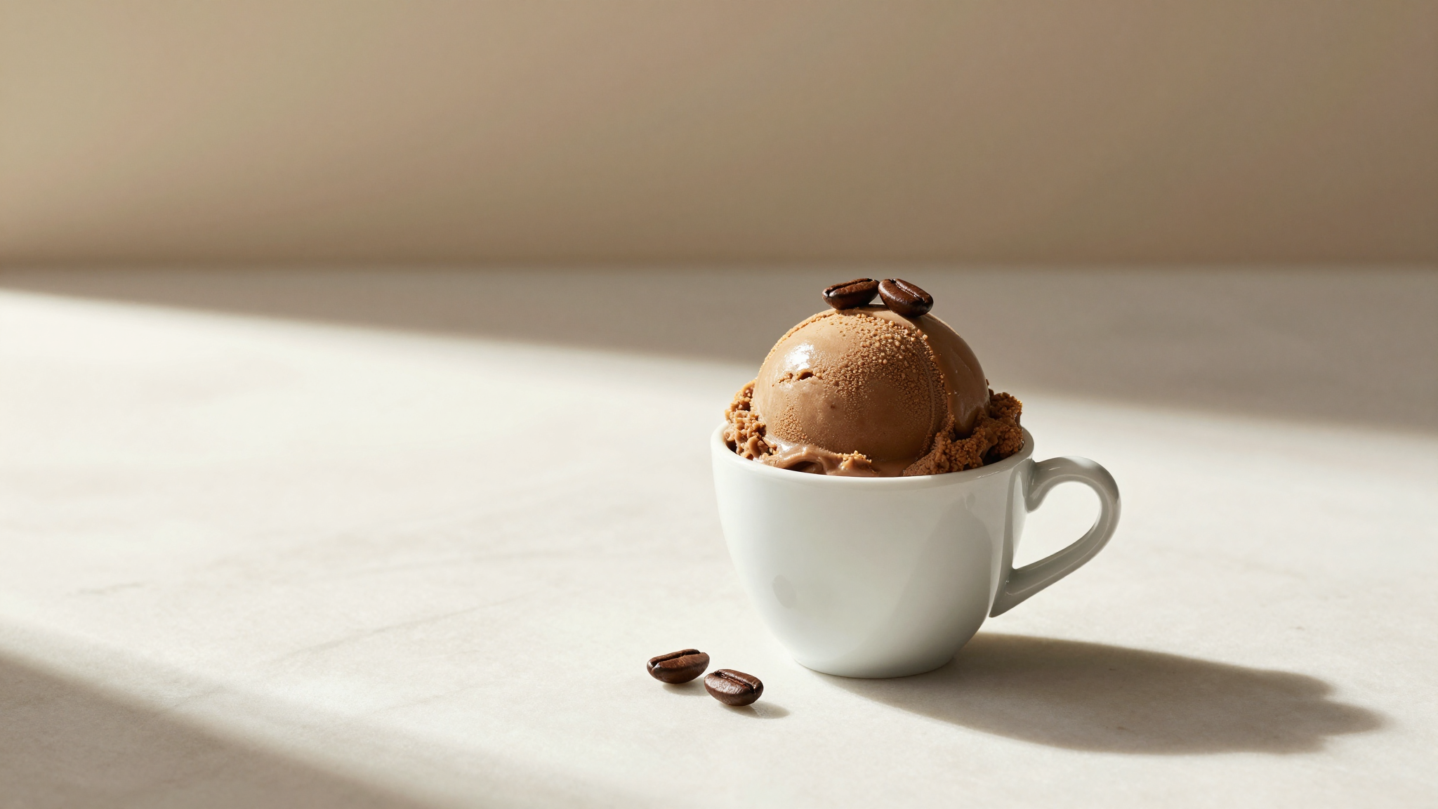 Scoop of caffe espresso gelato in white ceramic cup with espresso beans on marble