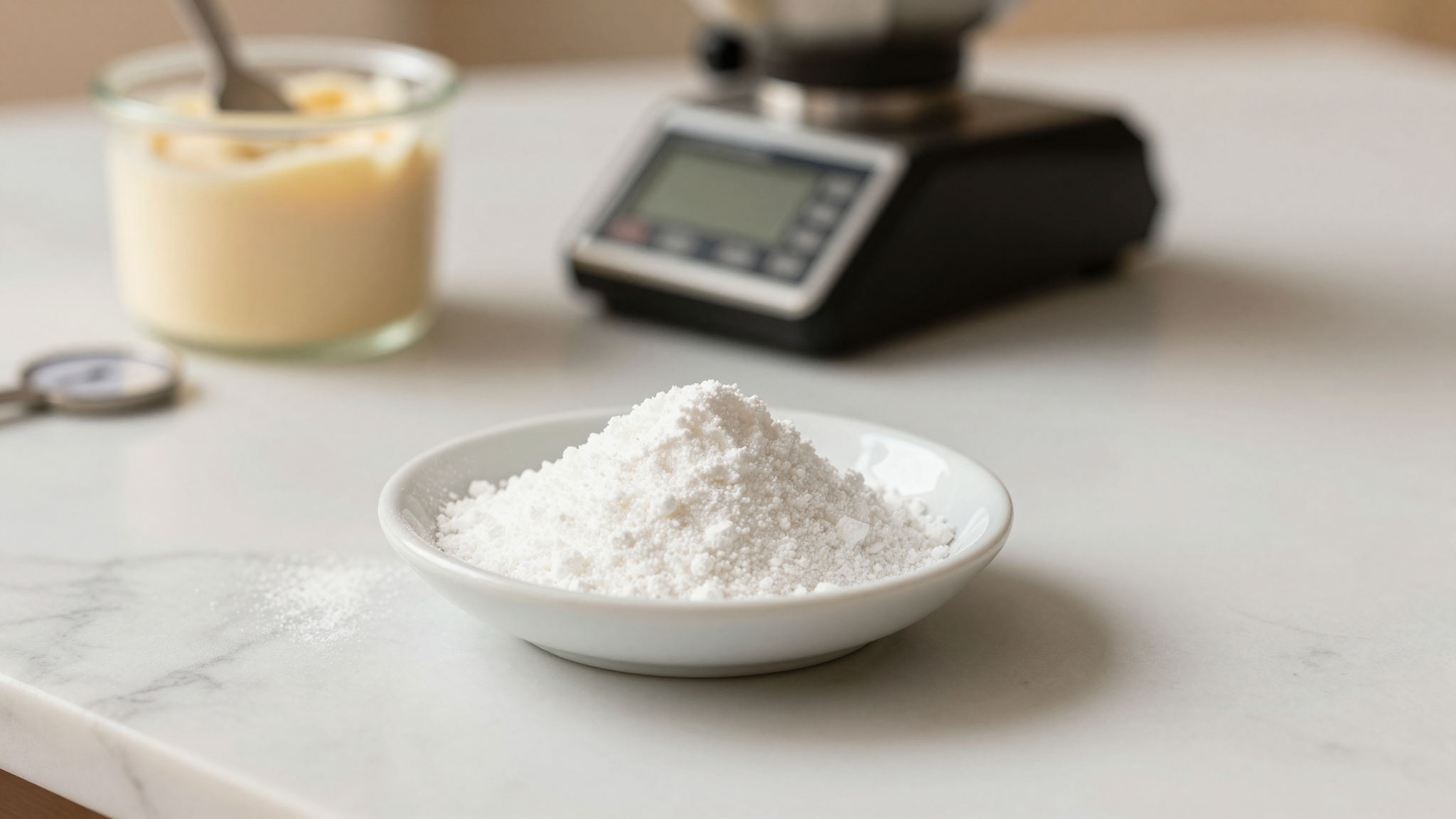 Calcium lactate fine white powder in a small ceramic dish on marble near gelato preparation tools