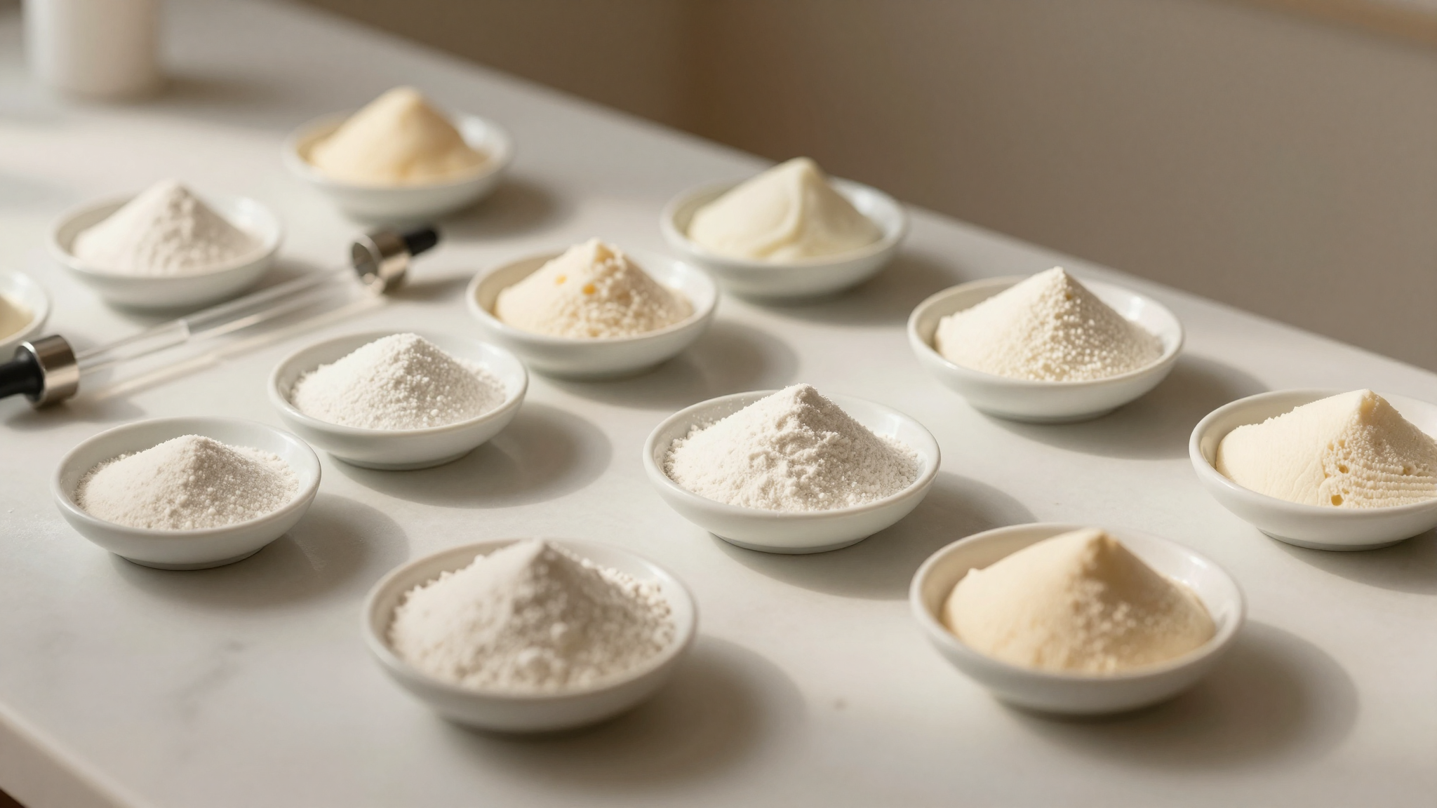 Small ceramic dishes of fine white food-grade powders and a glass dropper near gelato tools on marble