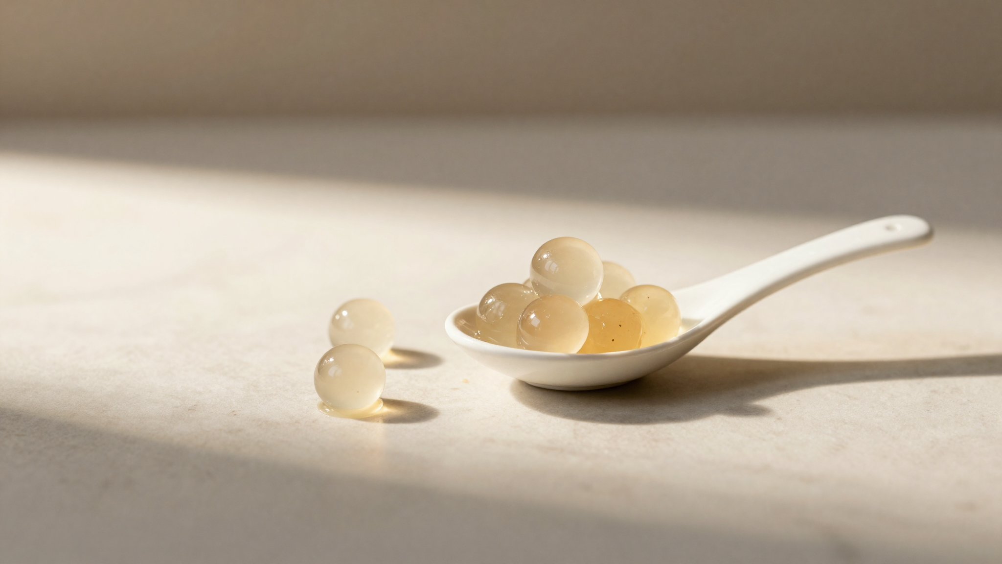 Small translucent spheres of fruit gel resting in a white spoon on marble evoking spherification
