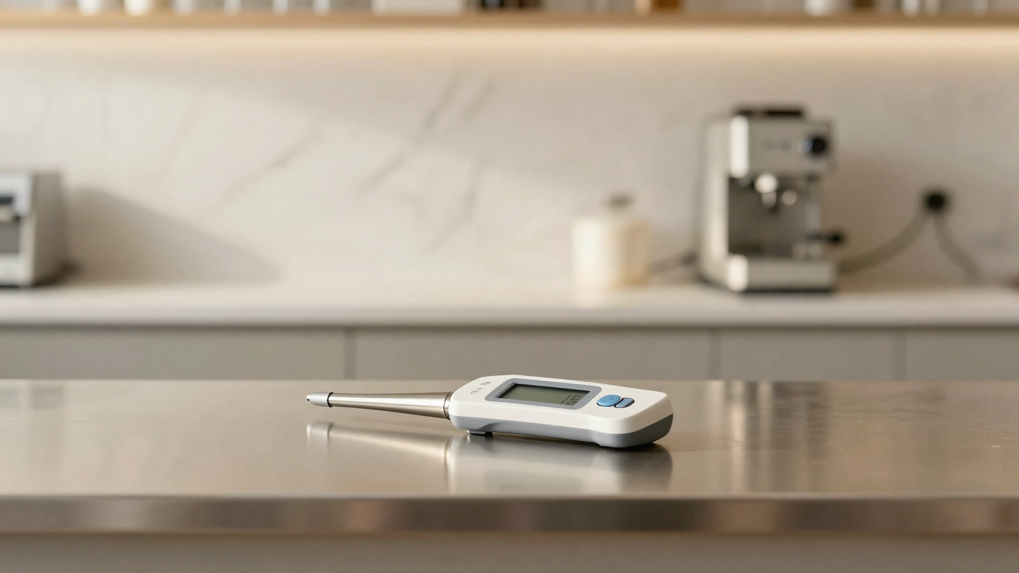 Digital probe thermometer with a stainless steel stem resting on a stainless lab counter