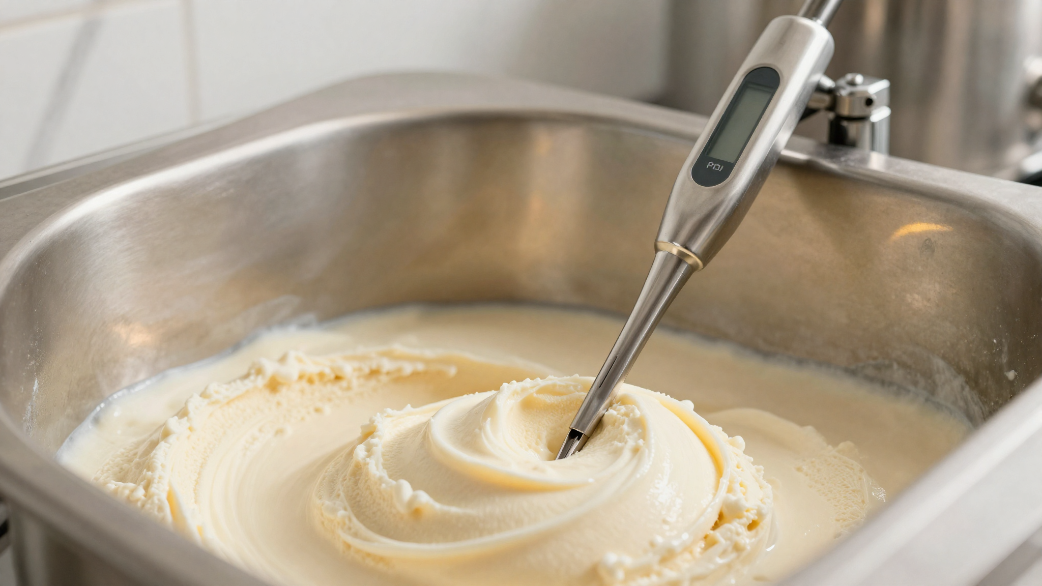 A digital probe thermometer reading the temperature of a gelato mix in a stainless pasteuriser