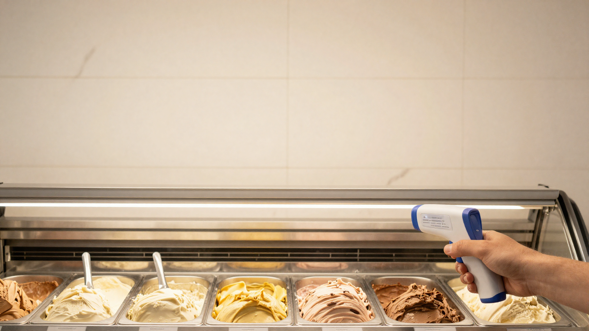 An infrared thermometer spot-checking the surface temperature of a gelato display case