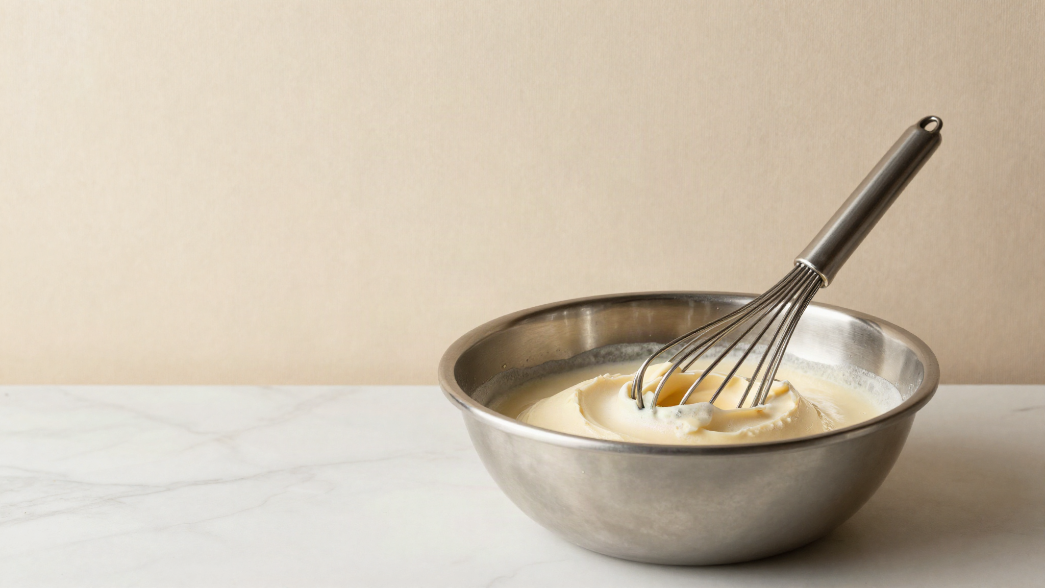 A wire whisk resting in a stainless steel bowl of pale gelato base with a light protein foam on the surface