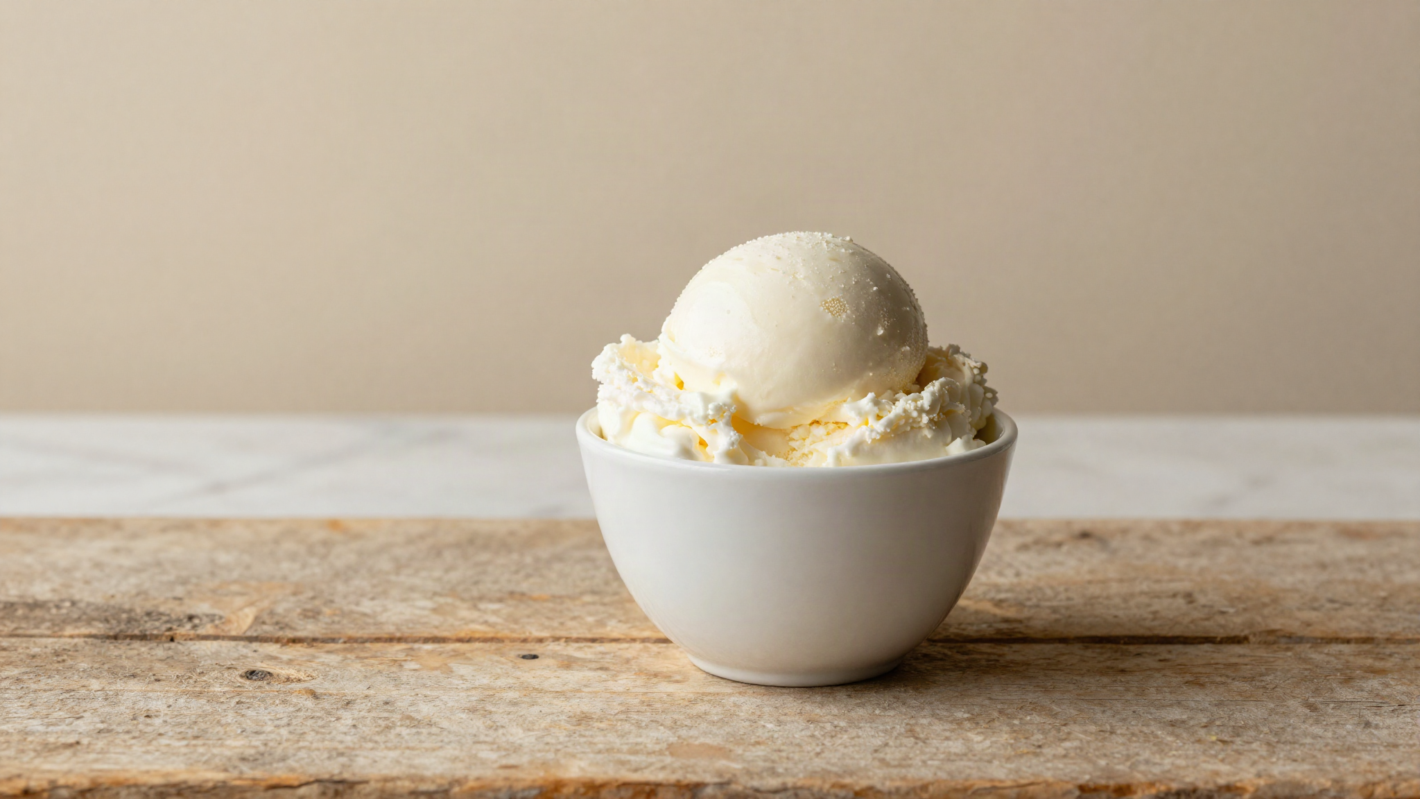 A dense smooth scoop of fior di latte gelato in a small white ceramic cup on aged wood, showing thick elastic body