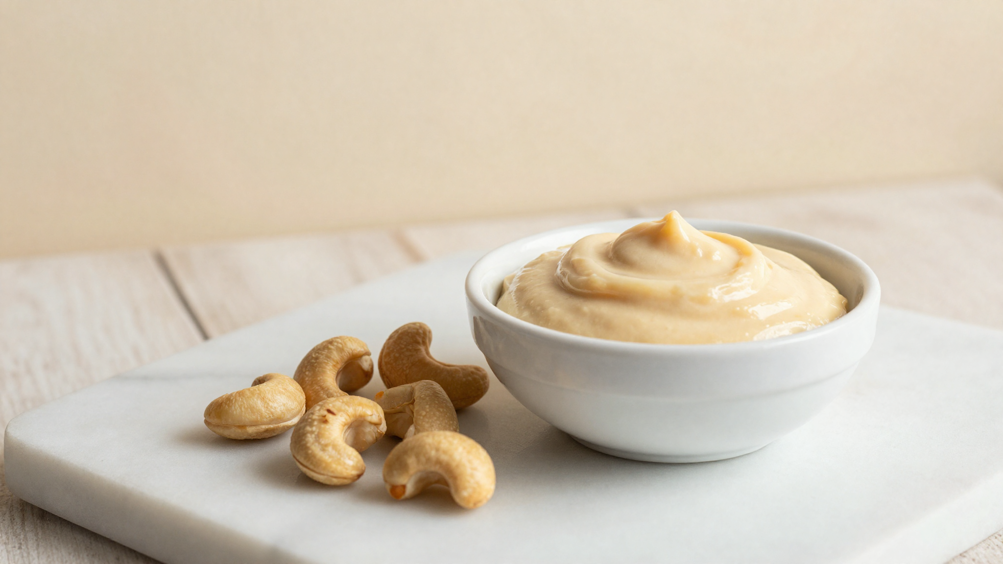 Raw cashews and a bowl of silky pale cashew cream on white marble