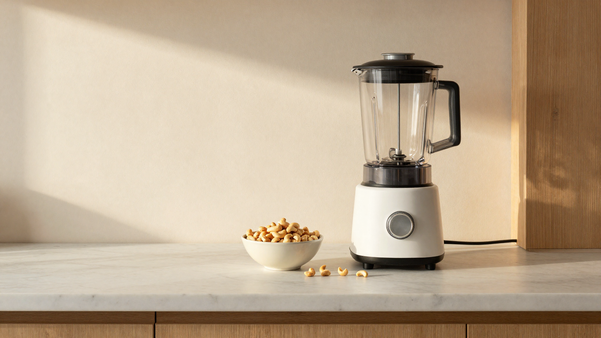 Soaked cashews and a high-speed blender on a gelato lab counter