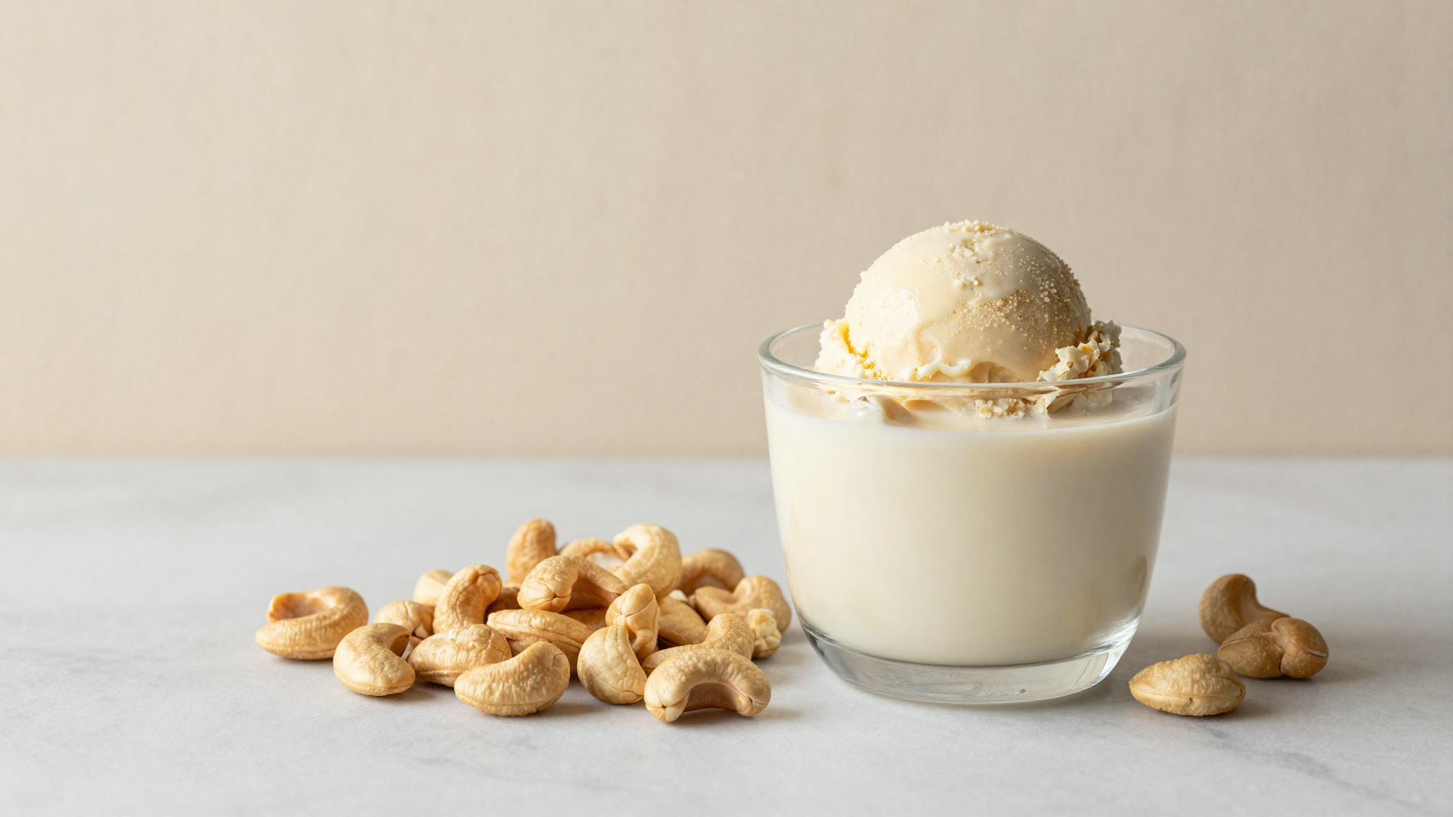 A glass of cashew milk beside raw cashews and a scoop of creamy vegan cashew milk gelato on marble