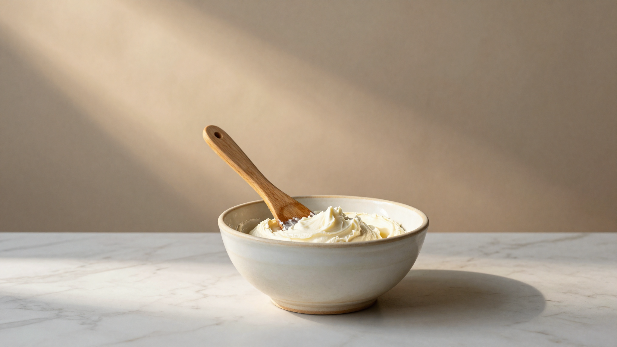 A ceramic mixing bowl on marble holding creamy ricotta being smoothed by a wooden spatula under dappled studio light