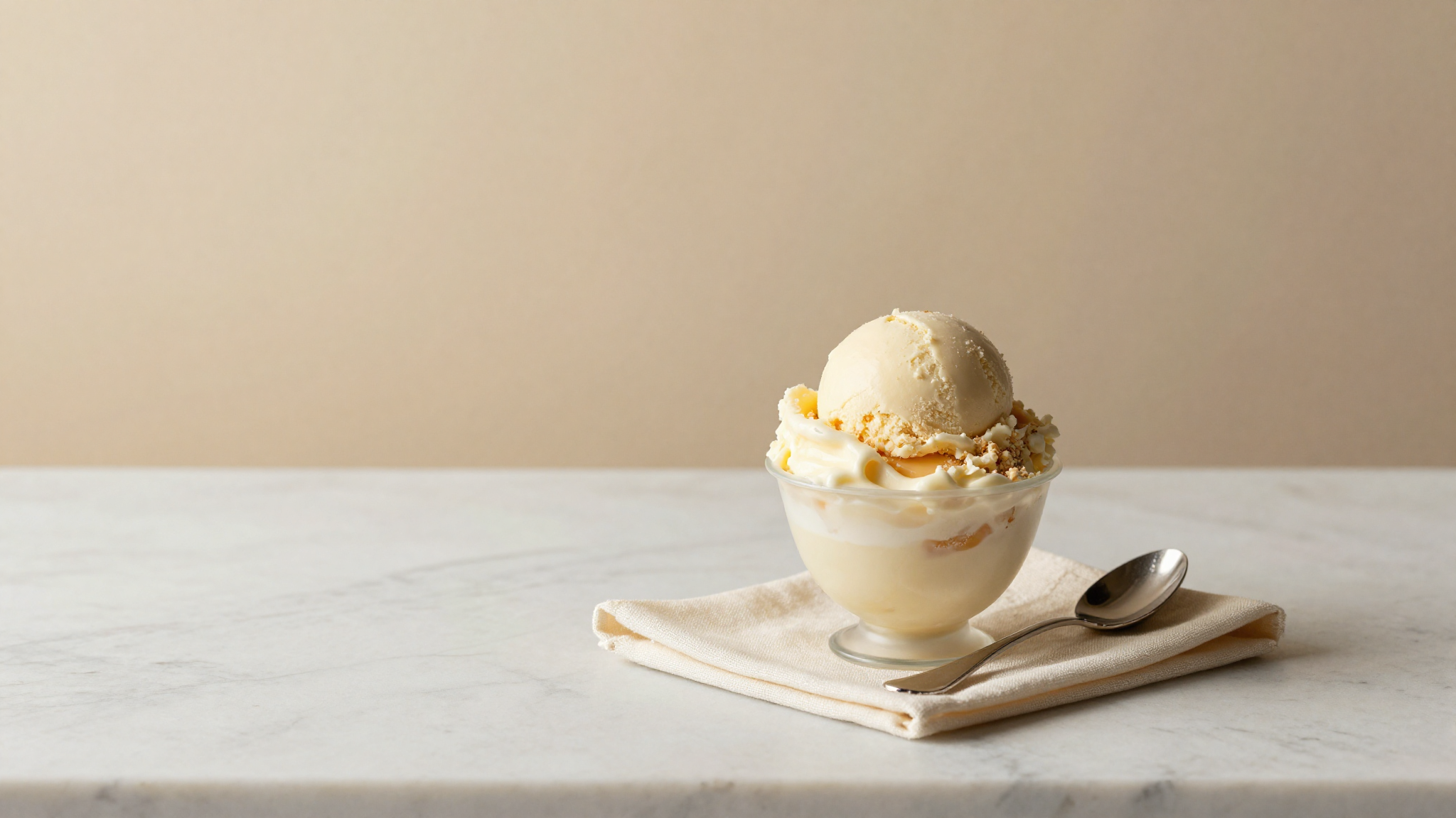 Elegant gelato cup of cassata gelato on cream linen napkin viewed from the side with a small silver spoon resting beside