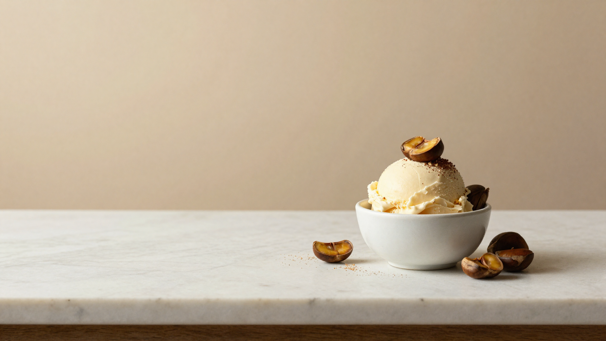 Chestnut Gelato Recipe: Italian Castagna, Step by Step served in a ceramic cup on a pale counter