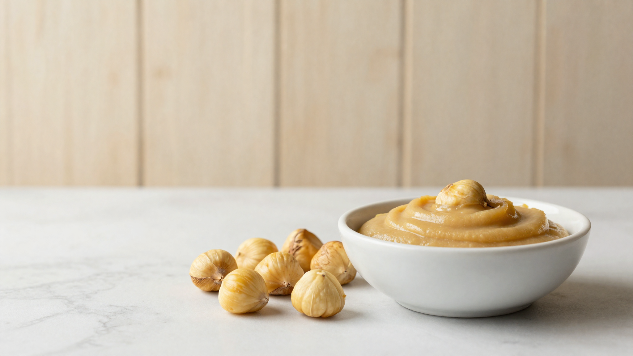 Peeled cooked chestnuts beside a bowl of smooth unsweetened chestnut puree