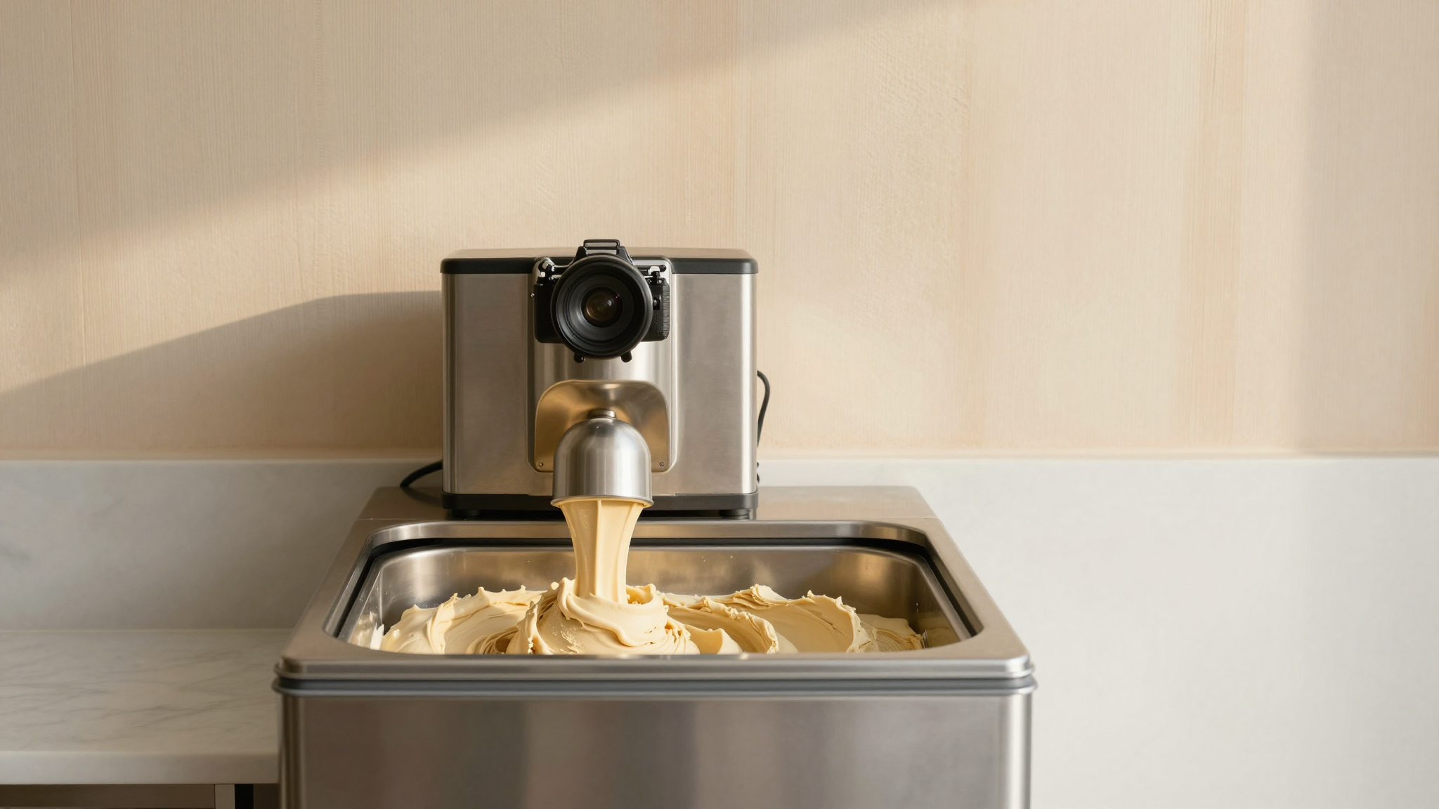Pale chestnut gelato mix churning in a stainless batch freezer