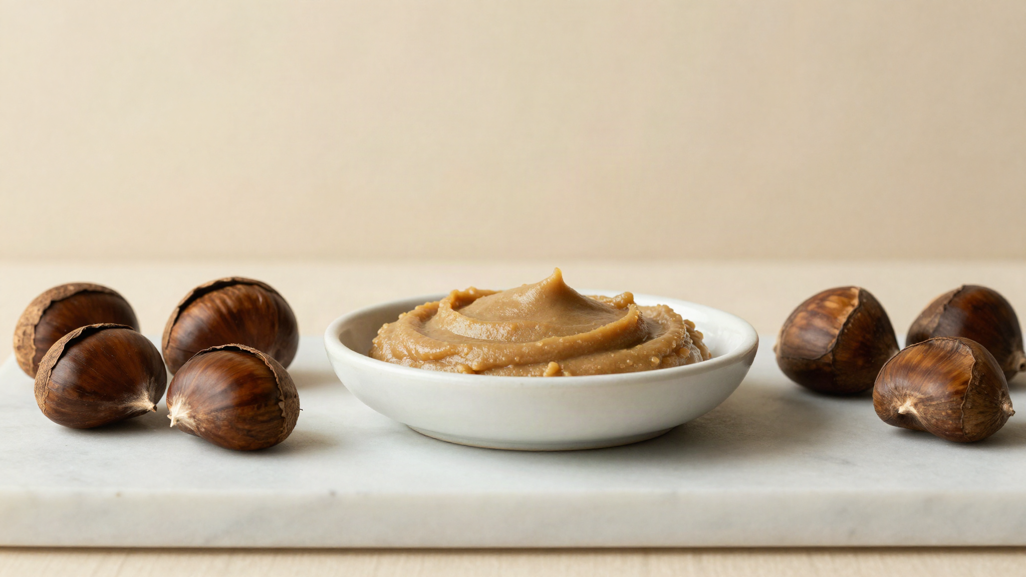 Smooth pale brown chestnut puree in a ceramic dish beside whole roasted chestnuts on marble