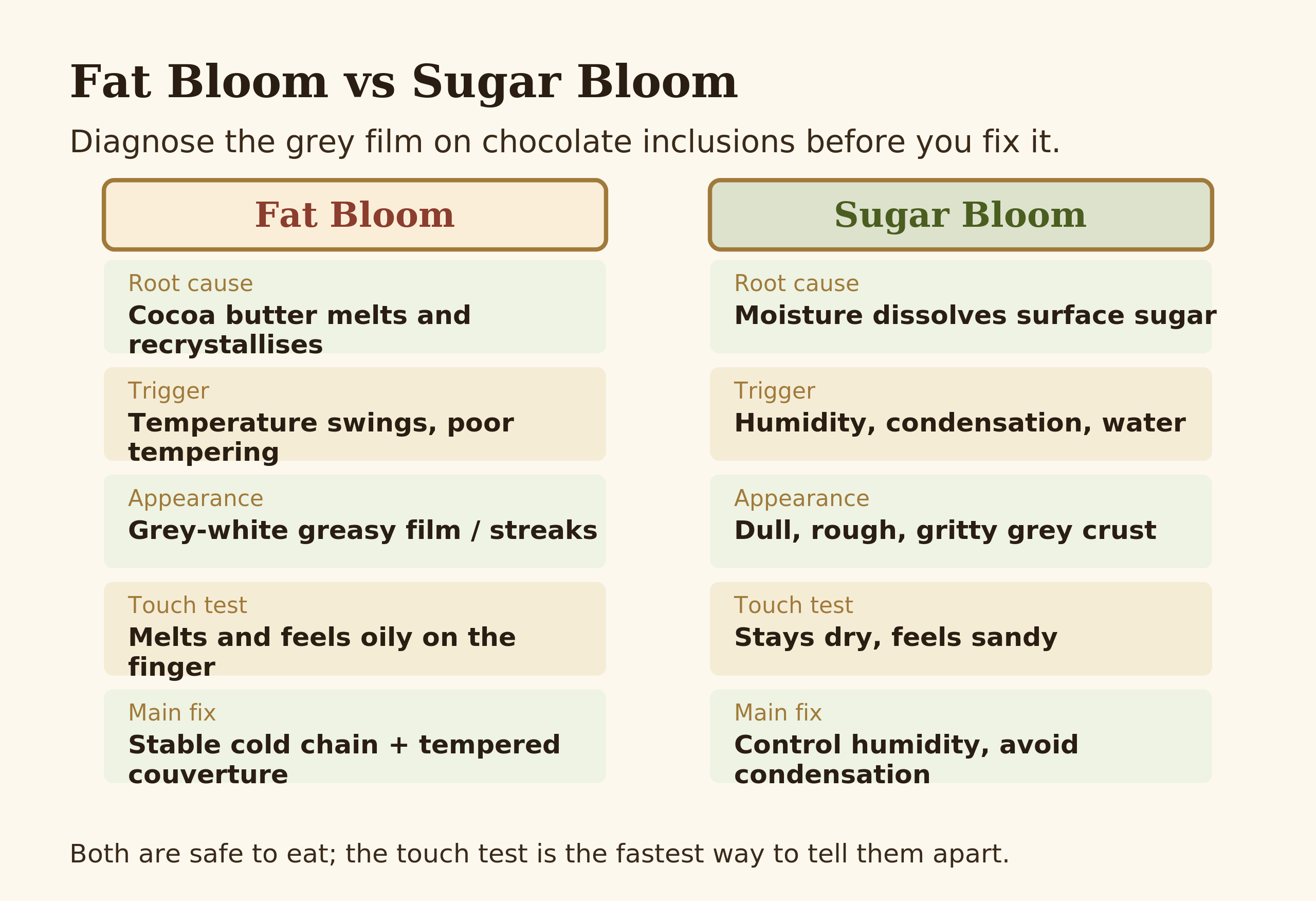 Comparison of fat bloom versus sugar bloom by cause, appearance, touch test and fix